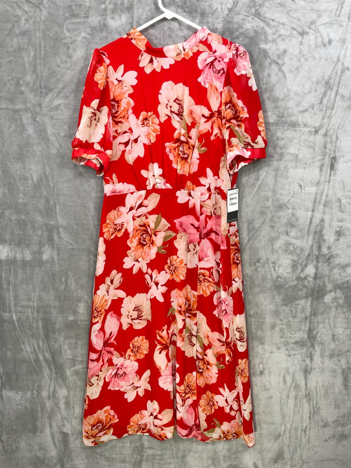 Julia Jordan Floral Print Puff Sleeve Mock Neck Midi Dress Size 12 Red Multi NWT