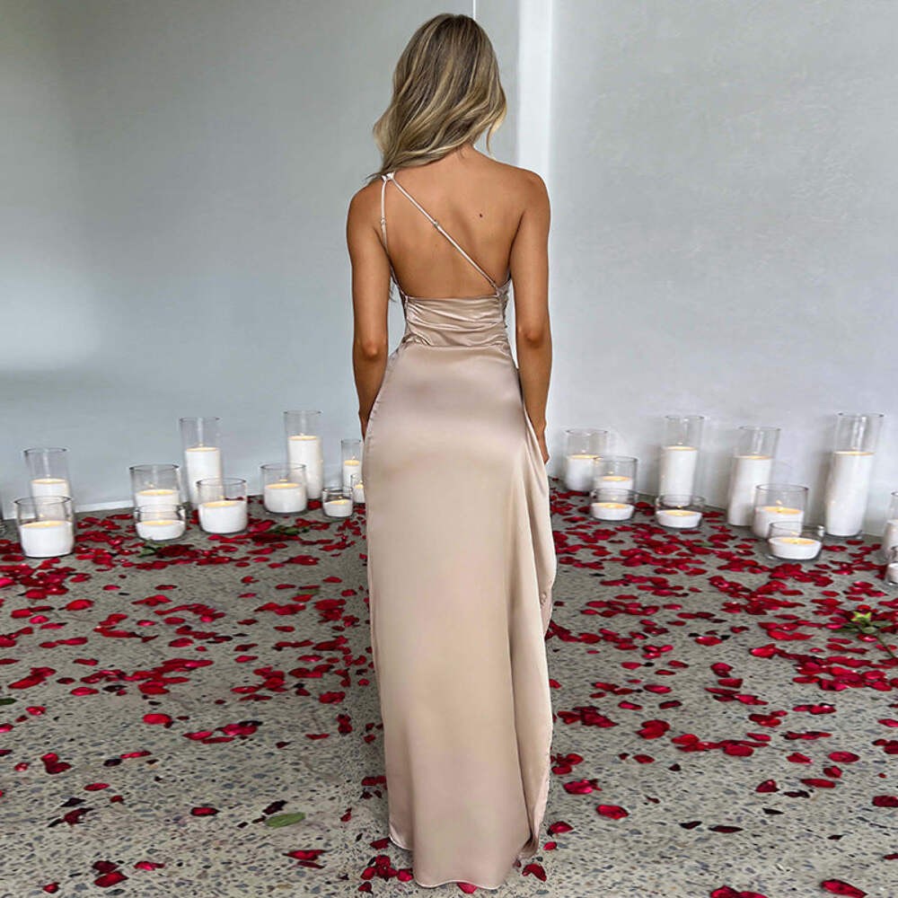 Sexy One-shoulder Slim-fit Backless Slit Satin Dress