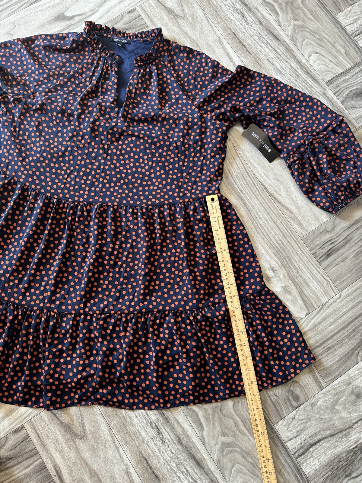 Sam & Jess Women’s Size L Navy and Rust Ball Print Chiffon Babydoll Dress