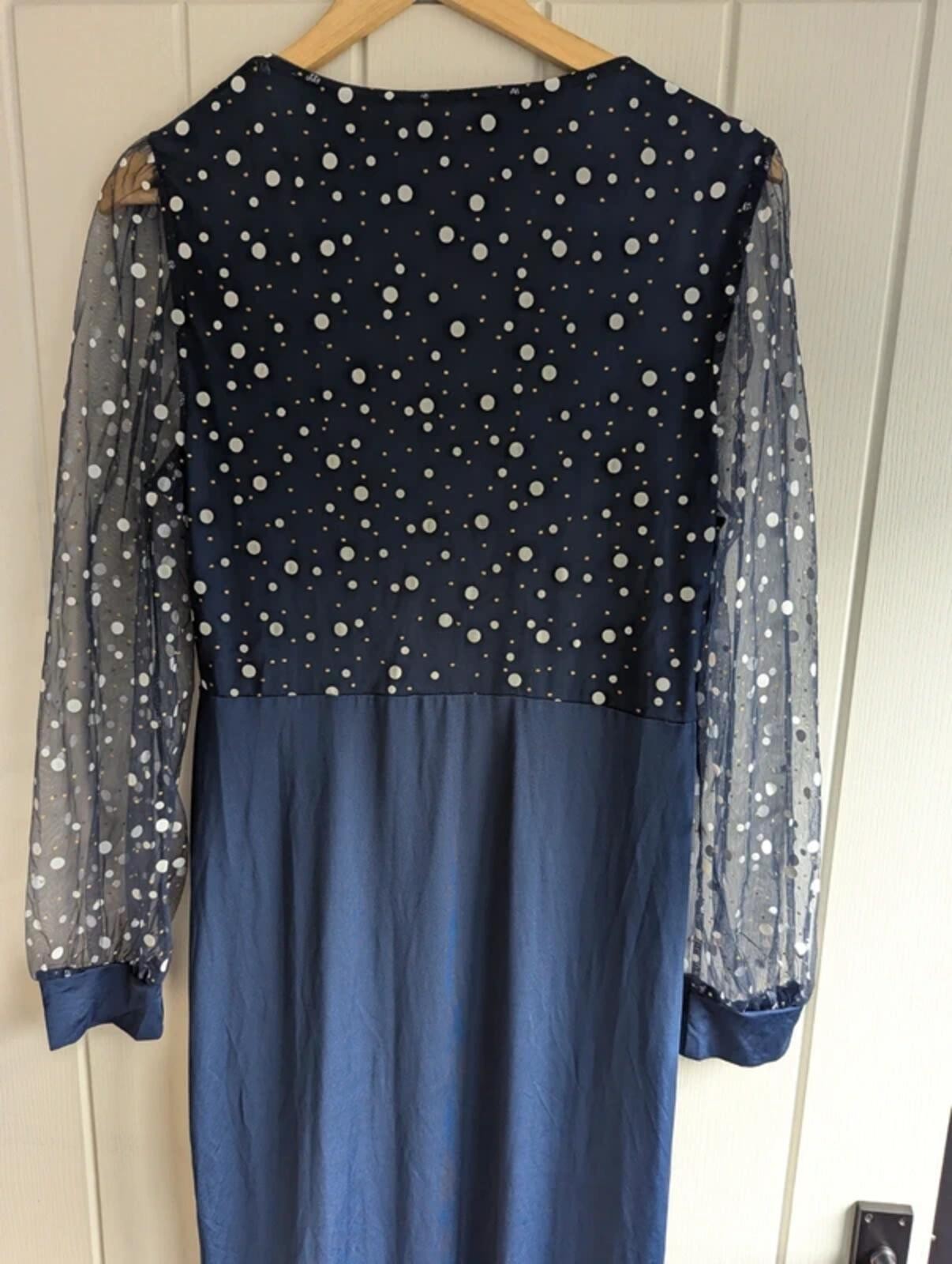 Navy Polka Dot Maxi Dress Size XL | Sheer Long Sleeve Ruffle Evening Occasion