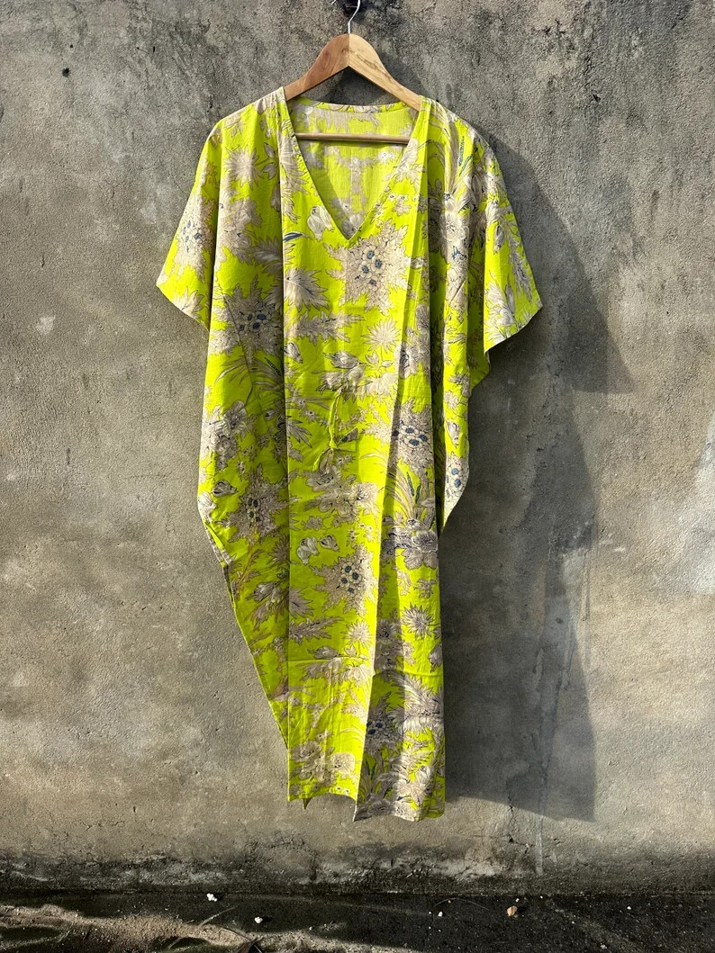 Indian Vintage 100% Cotton Long Beach Maxi Kaftan Dress One Size Caftan Kimono