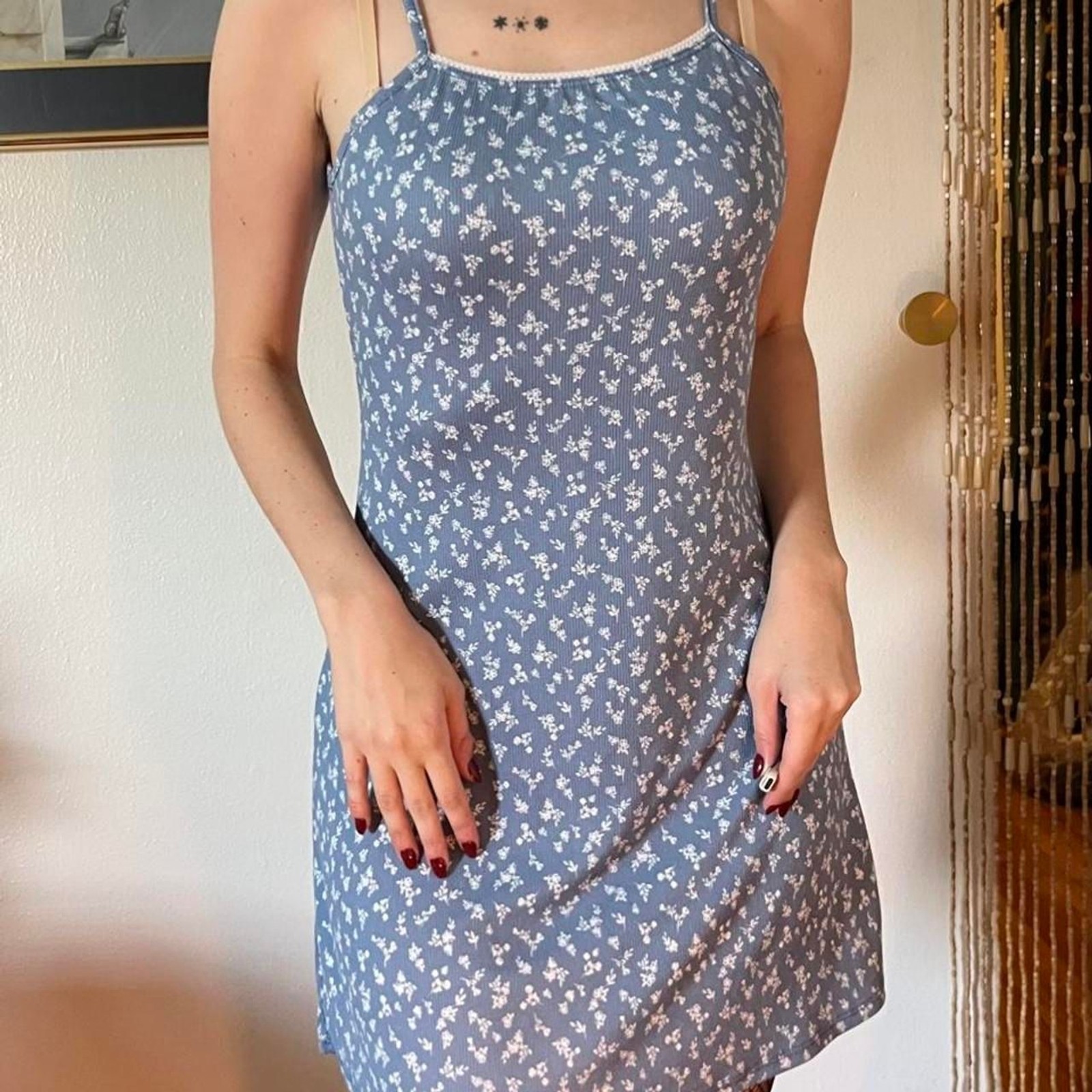 See You Monday Light Blue and White Floral Knit Sundress Mini Lace Trim Size M