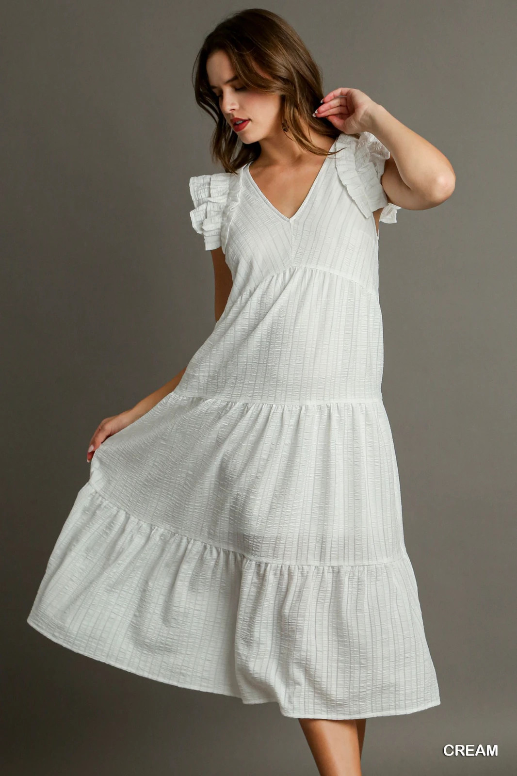 Umgee Creme Seersucker Organza Tiered Midi Dress with Ruffled Sleeves