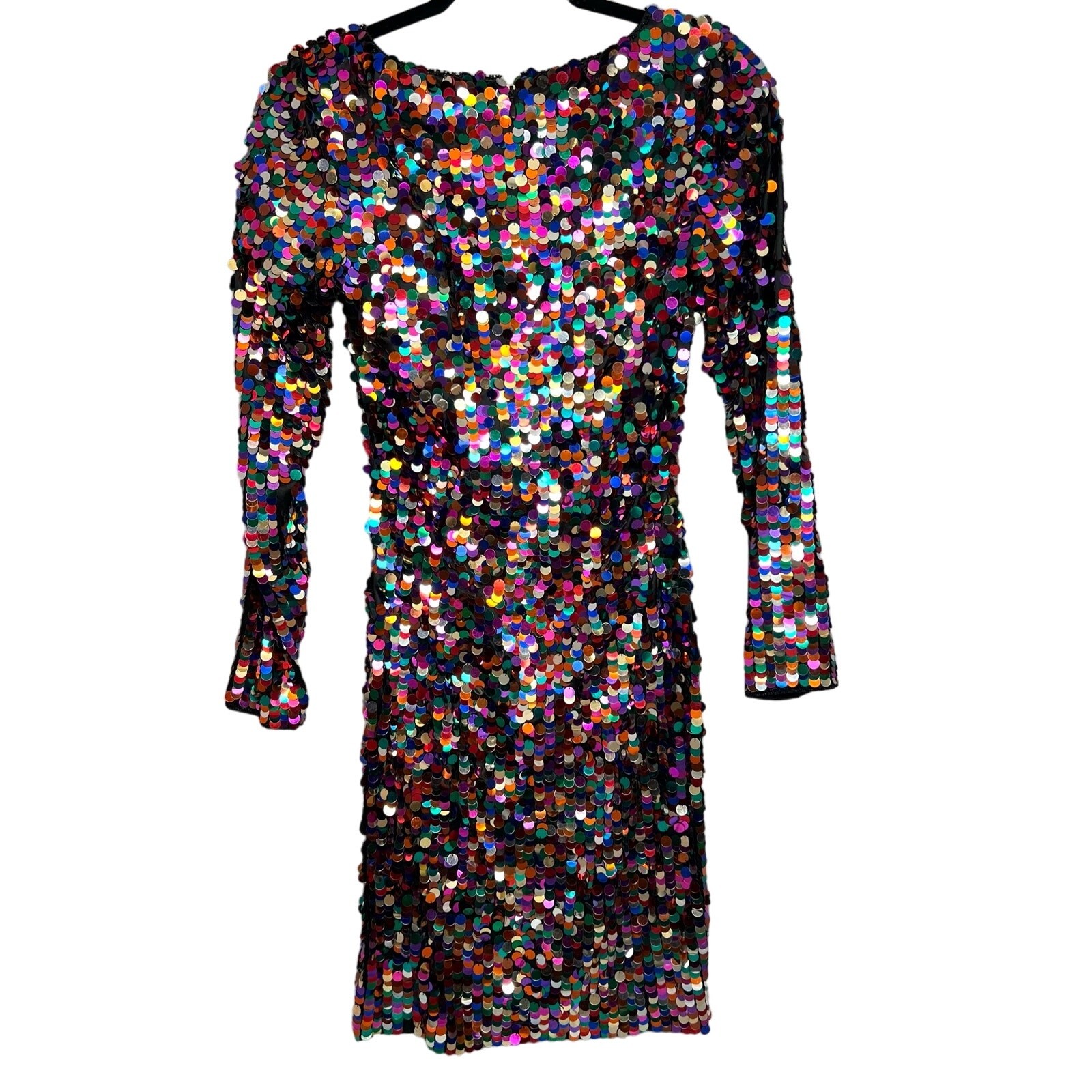 Oleg Cassini Black Tie Vintage Sequin Dress Size 4 Rainbow Long Sleeve Party