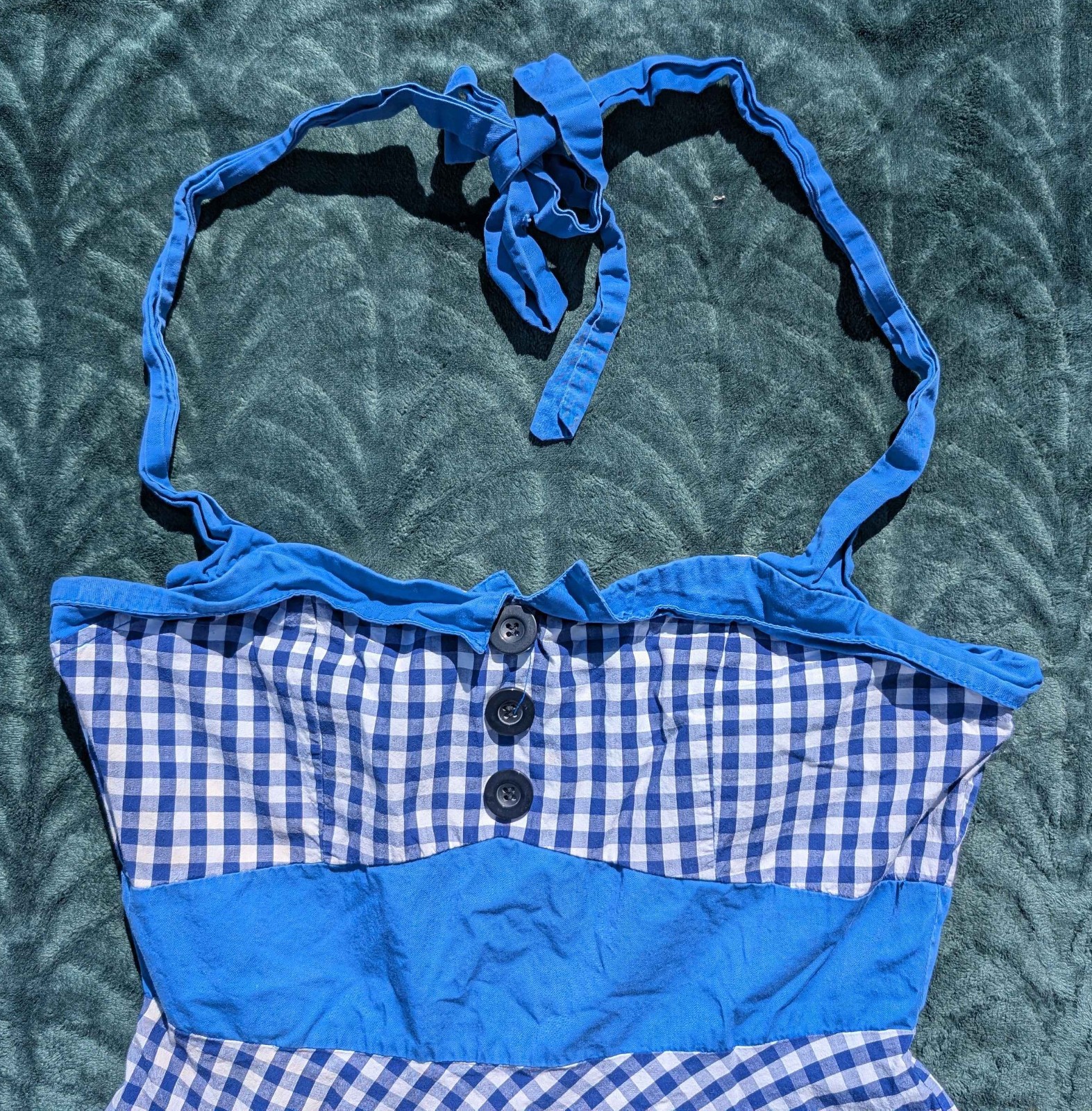 Retro Vintage Sexy 90s Blue White Gingham Rockabilly Pinup Halter Apron Dress