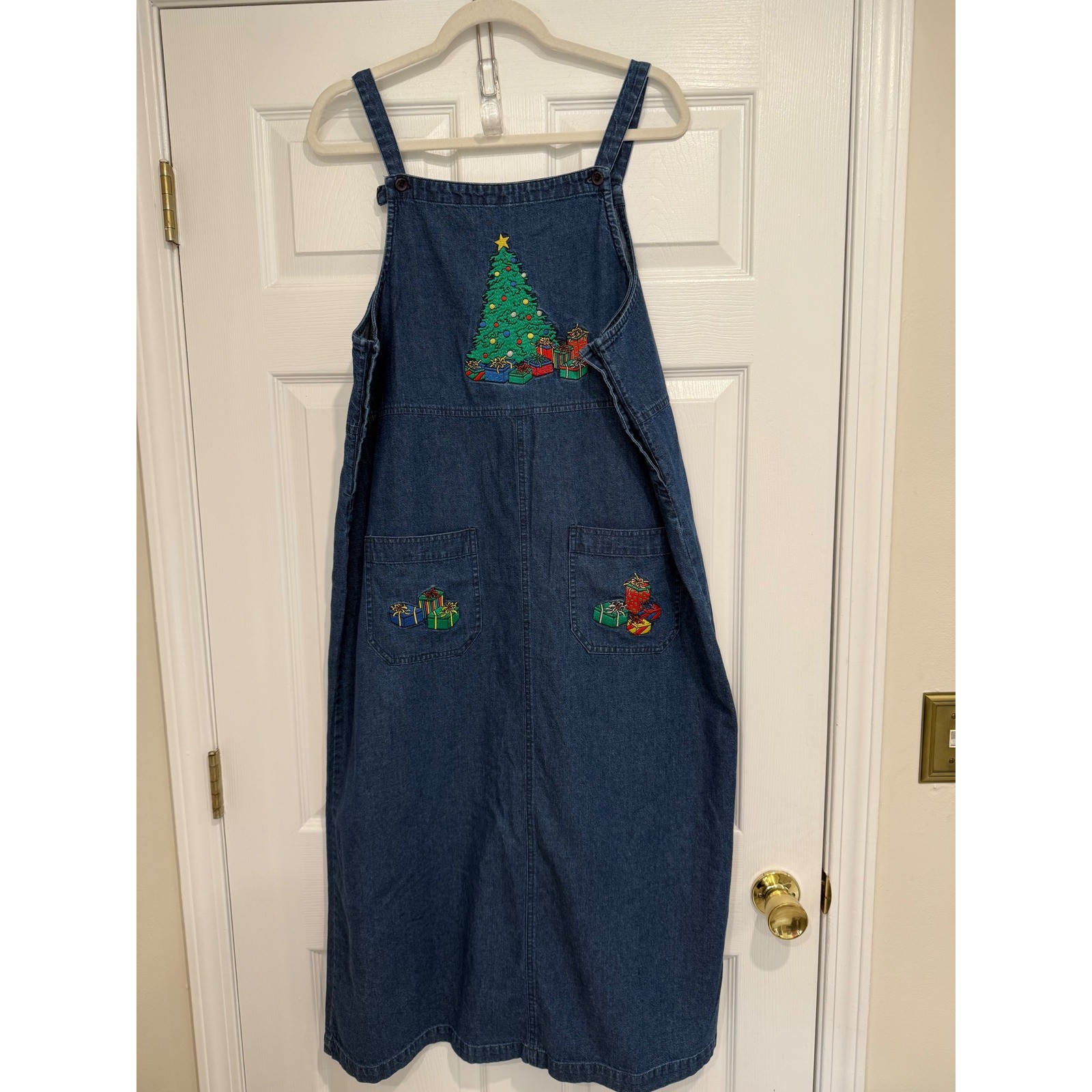 Vintage Christmas Tree Embroidered Denim Jumper Dress Blue Midi Pinafore Large
