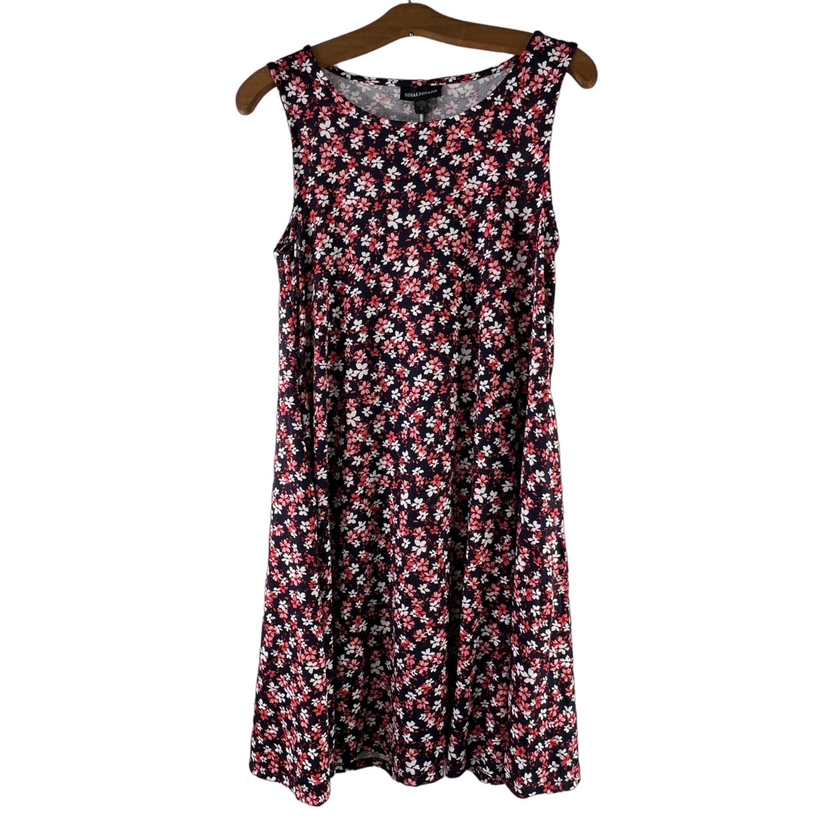 Nina Leonard Size Medium Navy Floral Sleeveless ALine Dress Scoop Neck Pink Blue