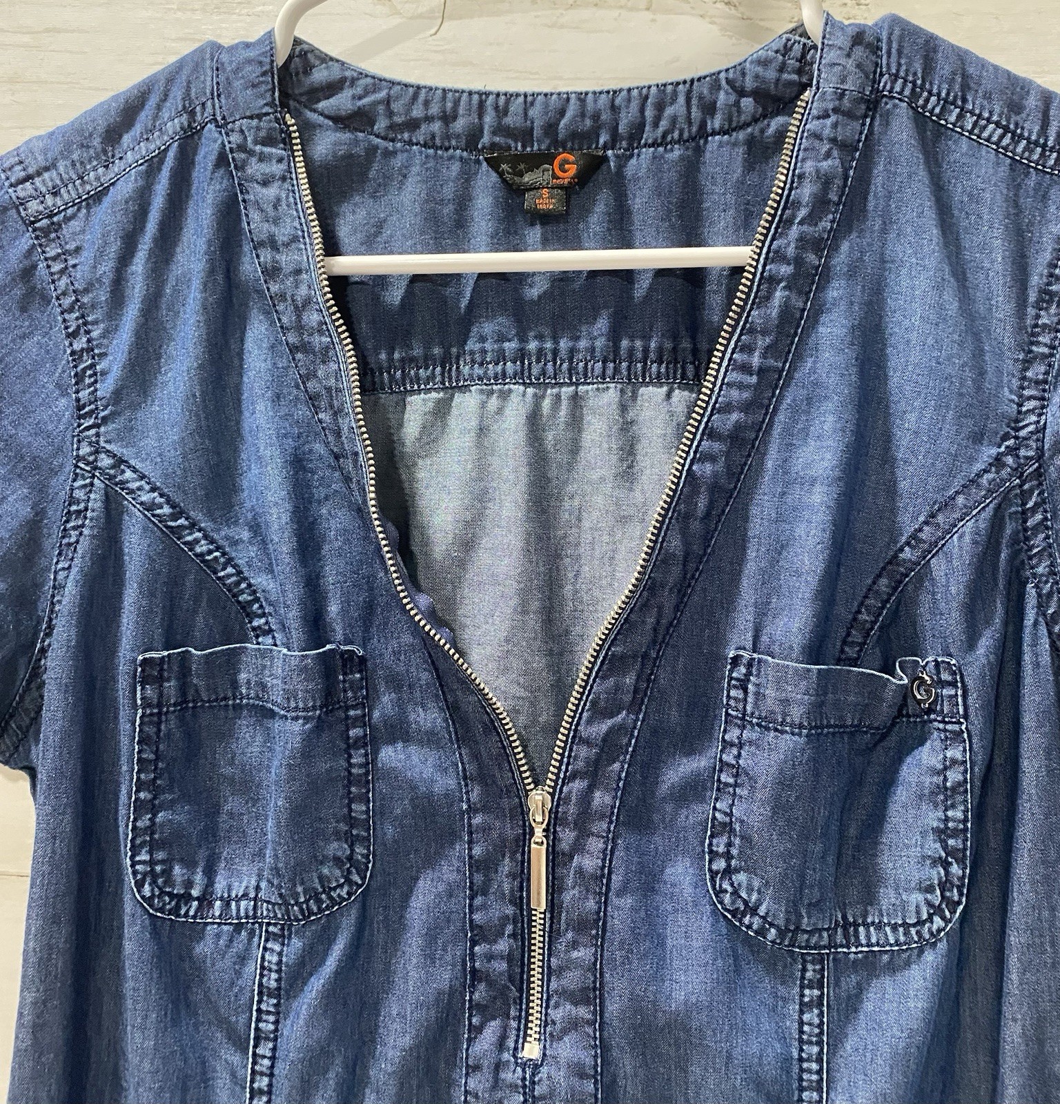 G By Guess Lightweight Chambray Denim 1/4 Zip Short Sleeve Dress Roll Sleeves
