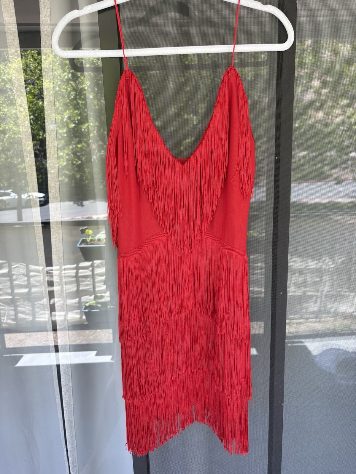 MESHKI Flowy Red Fringe V-Neck Strappy Mini Dress