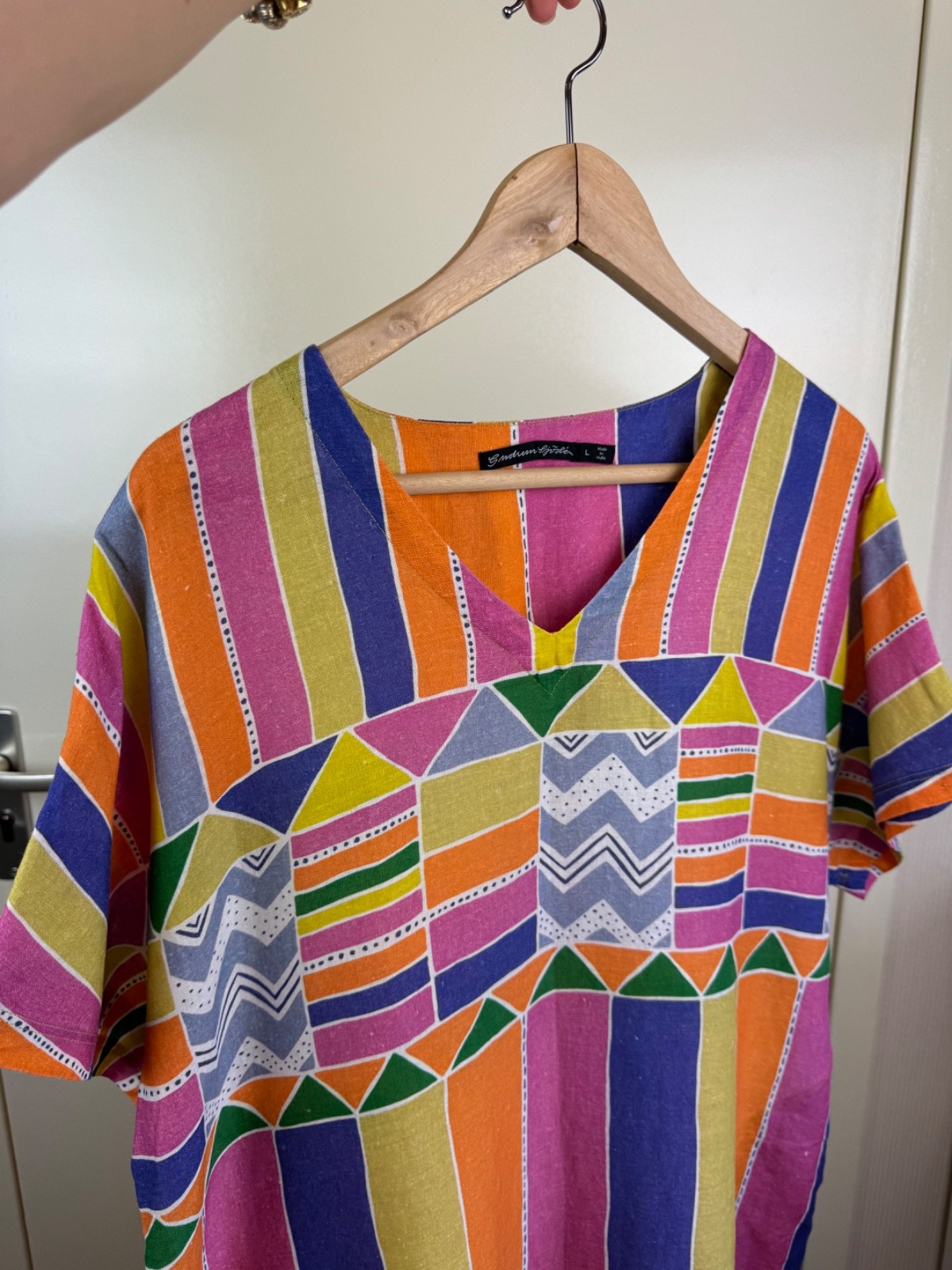 GUDRUN SJODEN Linen Multicolor Cheerful Dress Kaftan Ikat Geometric Sundress L