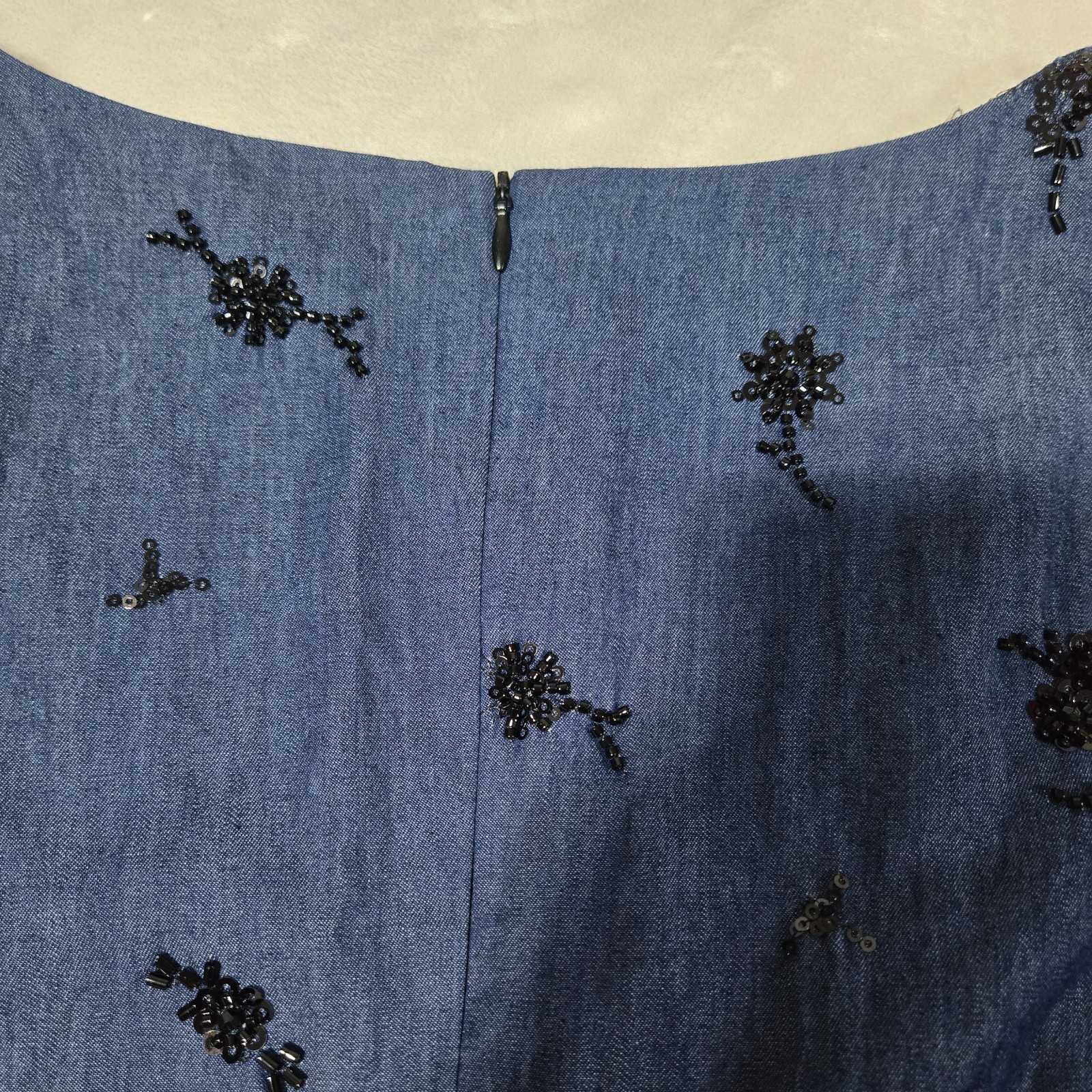 ZARA Blue Denim Color Beaded Shift Mini Dress S Sleeveless Scoop Neck Lined Zip