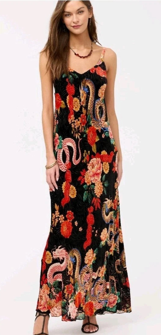 JOHNNY WAS Kanako Dress Levi Burnout Velvet Silk Lining Dragon Size XS NWT