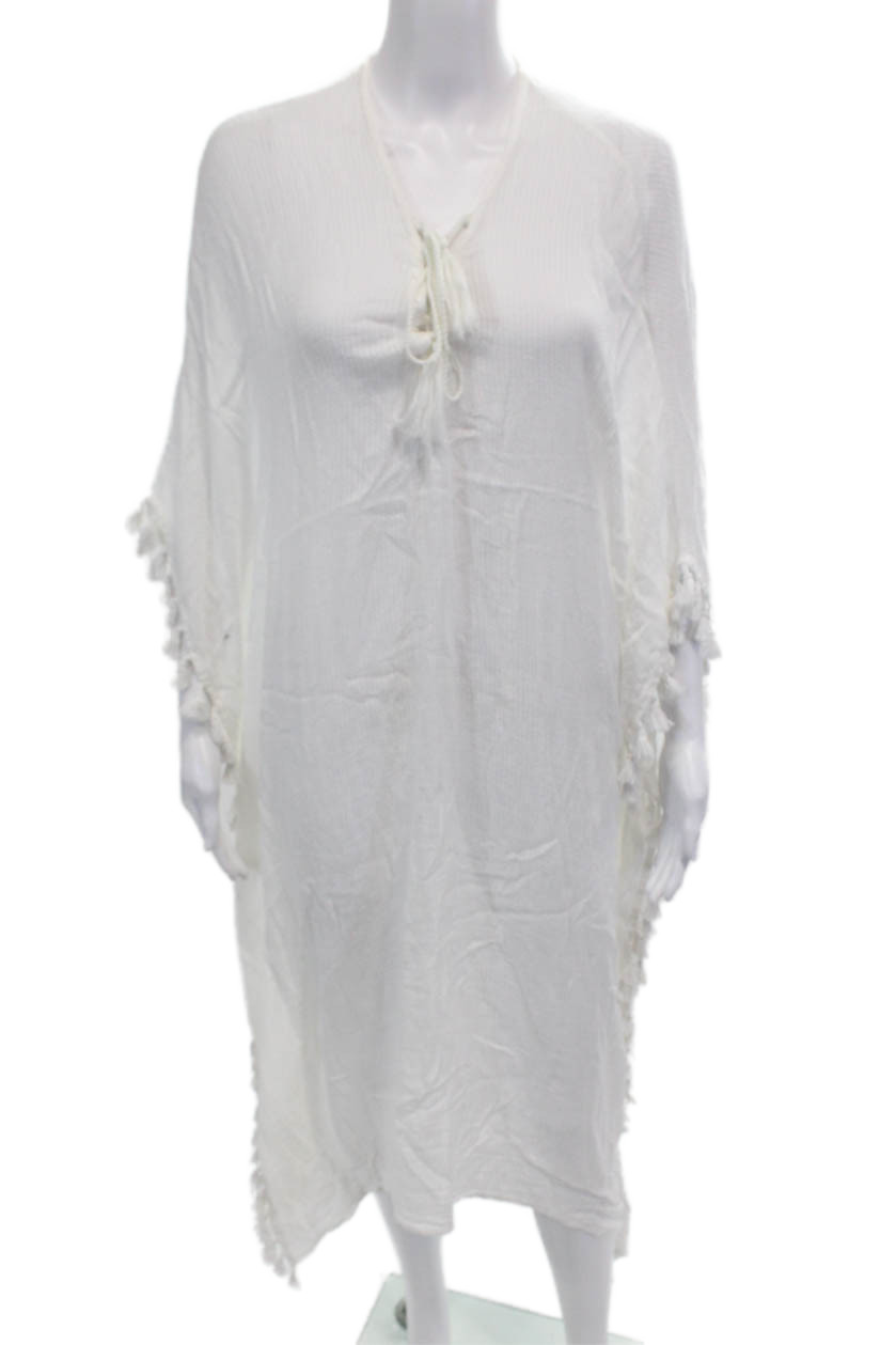 Walter Baker Womens Tassel Trim V Neck Kaftan Dress White Cotton Size One Size