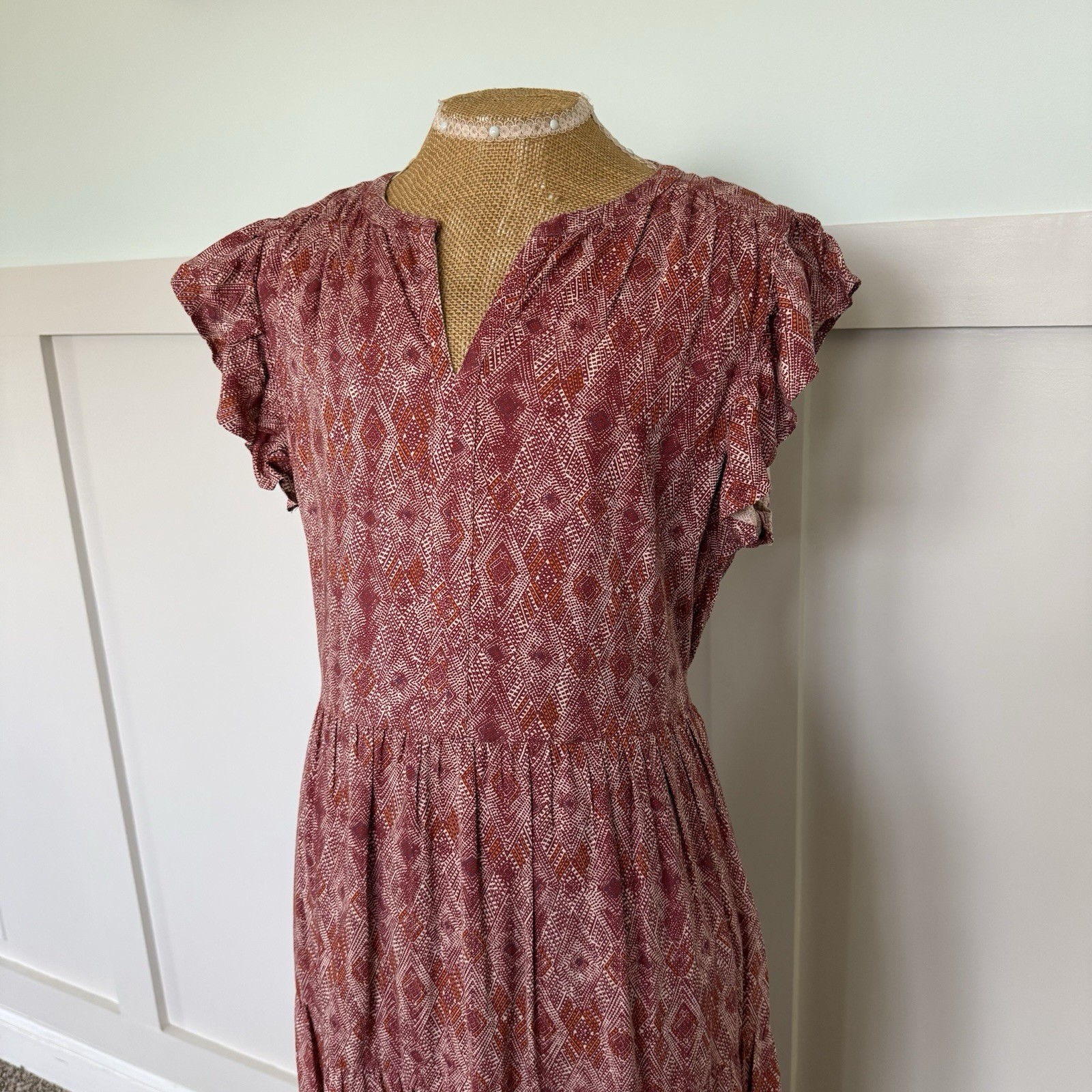 Sweet Magnolia Tiered Maxi Dress MEDIUM Red Short Sleeve Boho Peasant Southwest