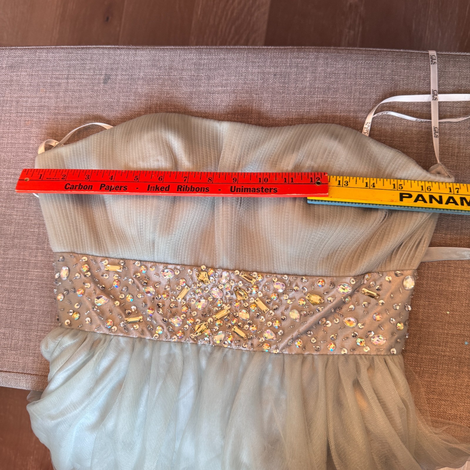 NWT GLS Limited Edition Strapless Beaded Tulle Prom Party Dress L Sage Gray