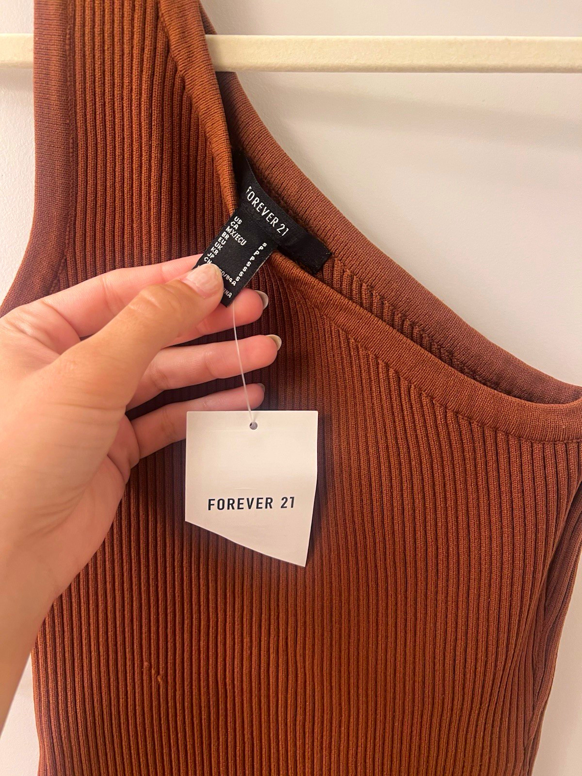 FOREVER 21 Brown Ribbed Knit One-Shoulder Bodycon Mini Dress Stretch S