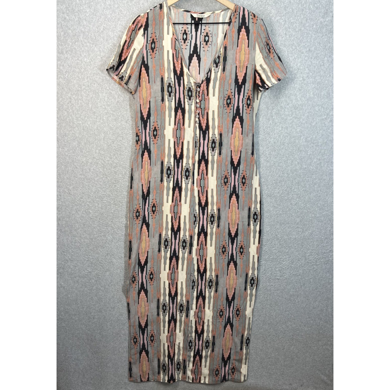 Tucker Silk Maxi Dress Womens Medium Pink Grey Ikat Print V-Neck Short Sleeve
