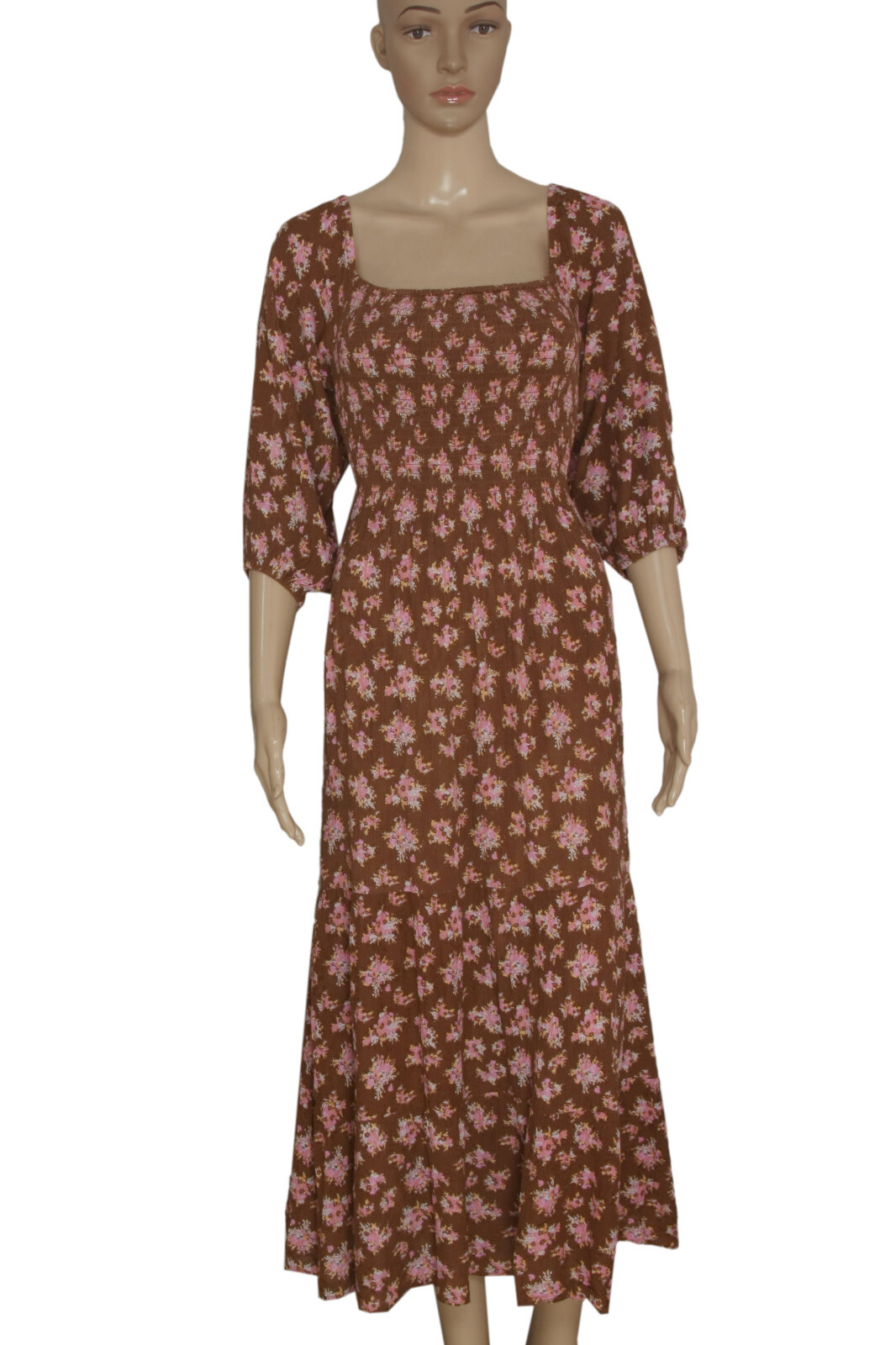 UO Lottie Chocolate Floral Tie-Back Midi Dress Printed Smocked Puff Sleeve S NEW