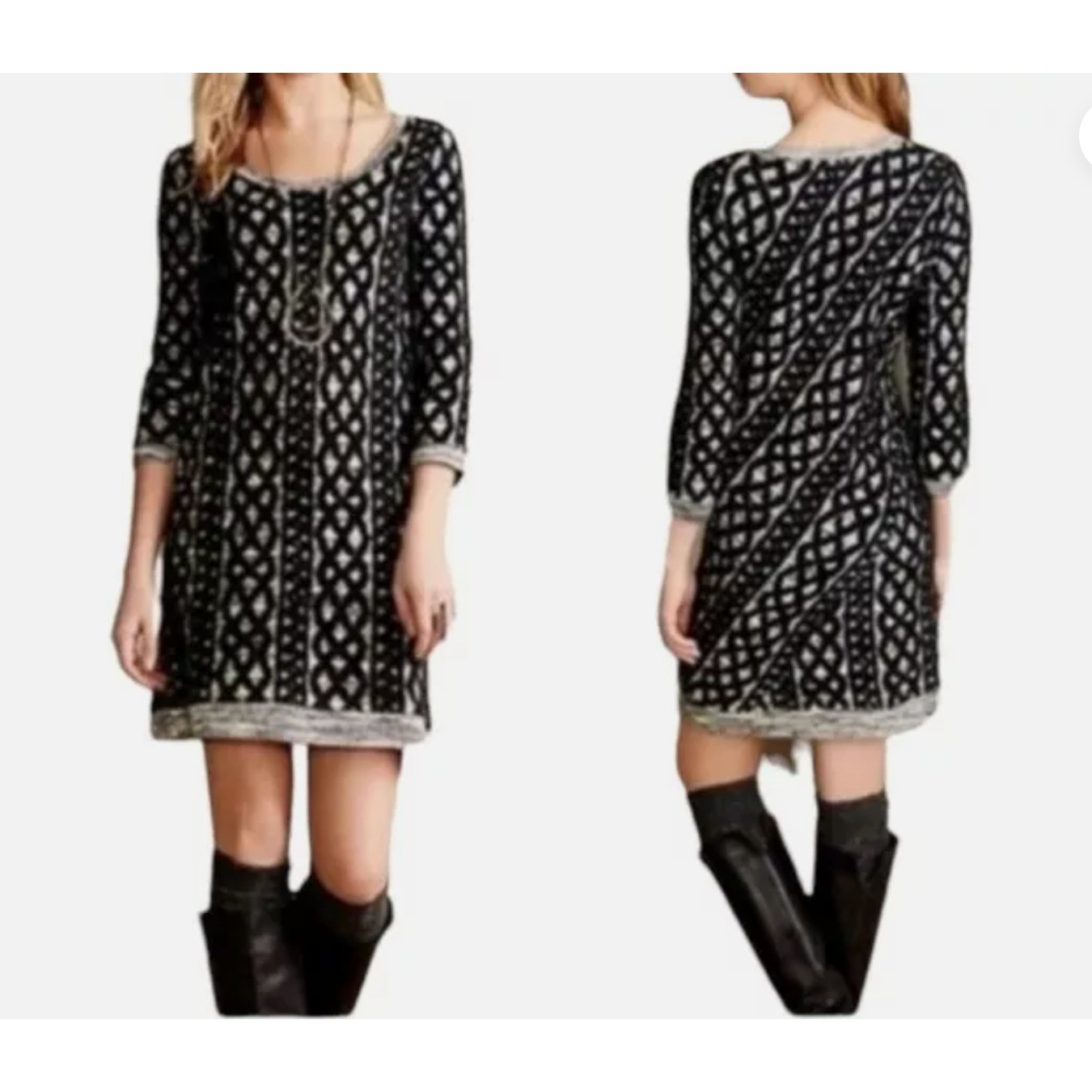 Moth Anthropologie Stitched Textured Black White Long Sleeve Sweater Dress Sz M