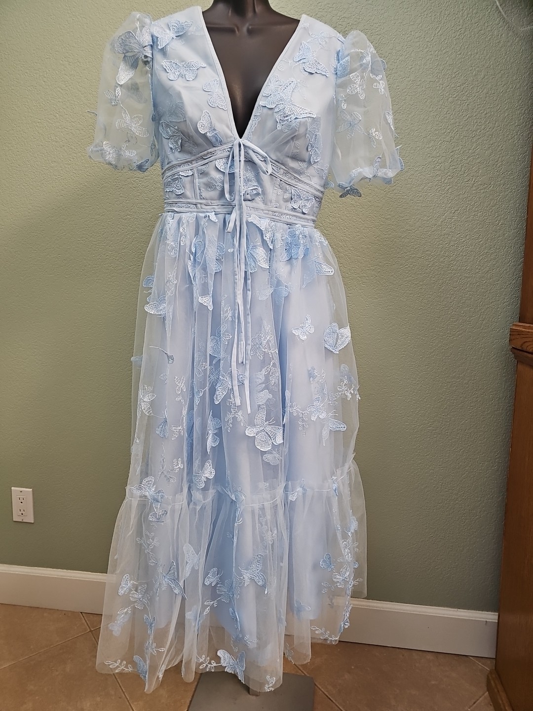 Womens Blue 3D Butterfly Tulle Mesh Fairy Dress