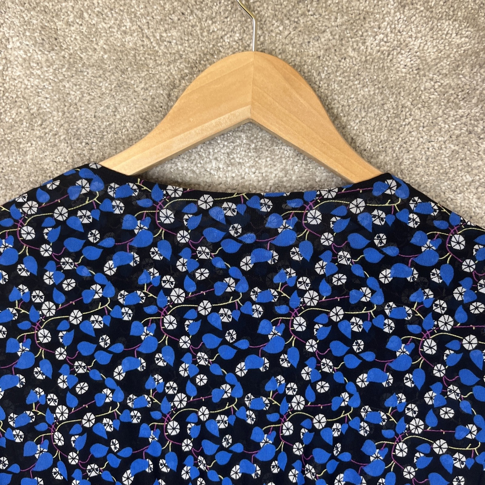 Cabi Dress Womens Small Blue Black Floral Long Sleeve Ruched Boho Fall- 3591