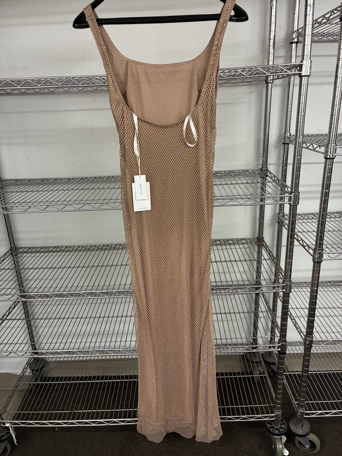 Nude Beige Mesh Rhinestone Studded Maxi Dress New Fashion One Size