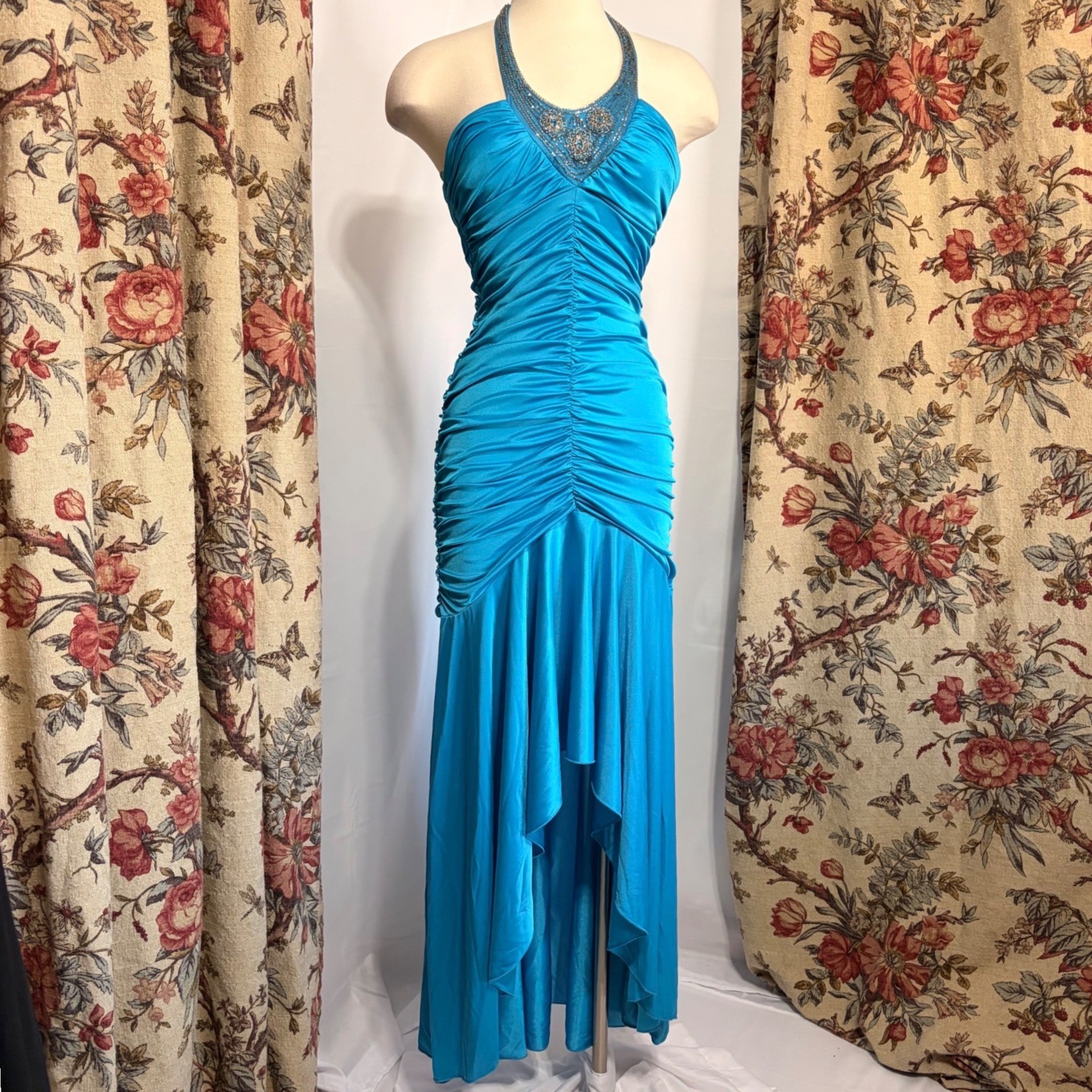 CITY TRIANGLES Turquoise Beaded Halter Ruched mermaid style gown silver detail