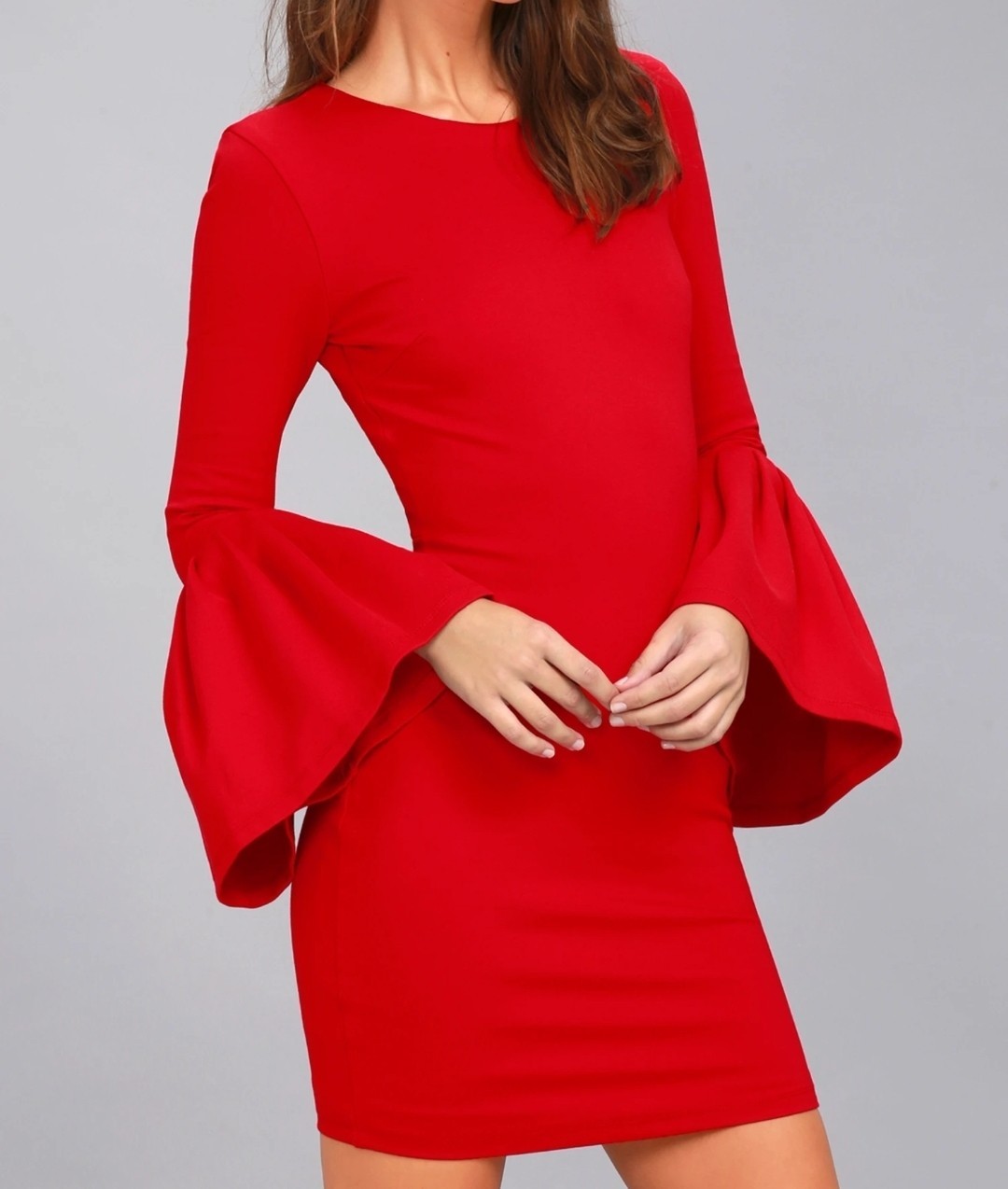 Lulus Double Flair Bodycon Dress Womens M Red Long Sleeve Mini Romantic Glam