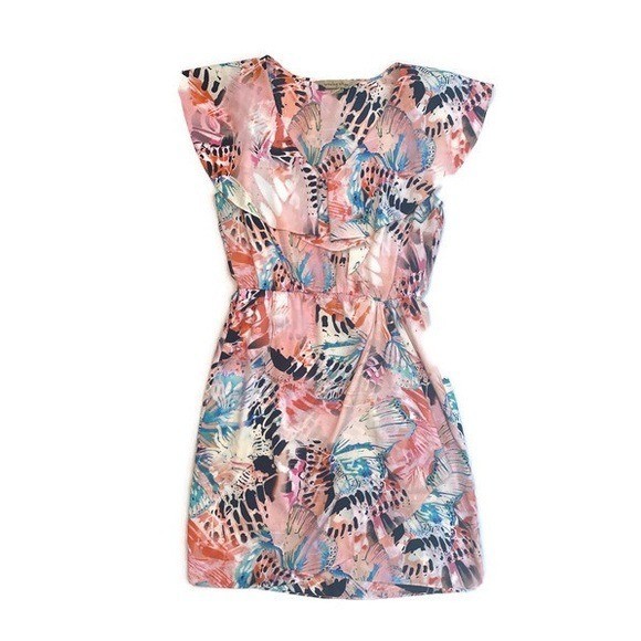Presley Skye Mini Dress Pink Multicolor Cap Sleeve Ruffle Flowy Pullover Size S