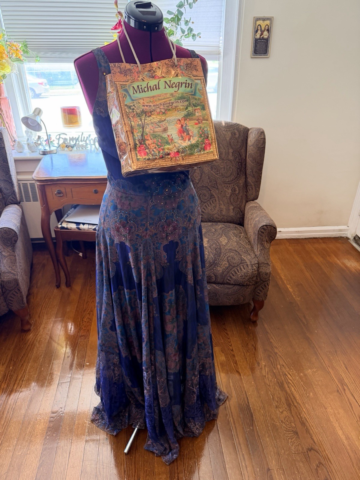 Michal Negrin Elegant Full length Floral dress Size Medium + Bag
