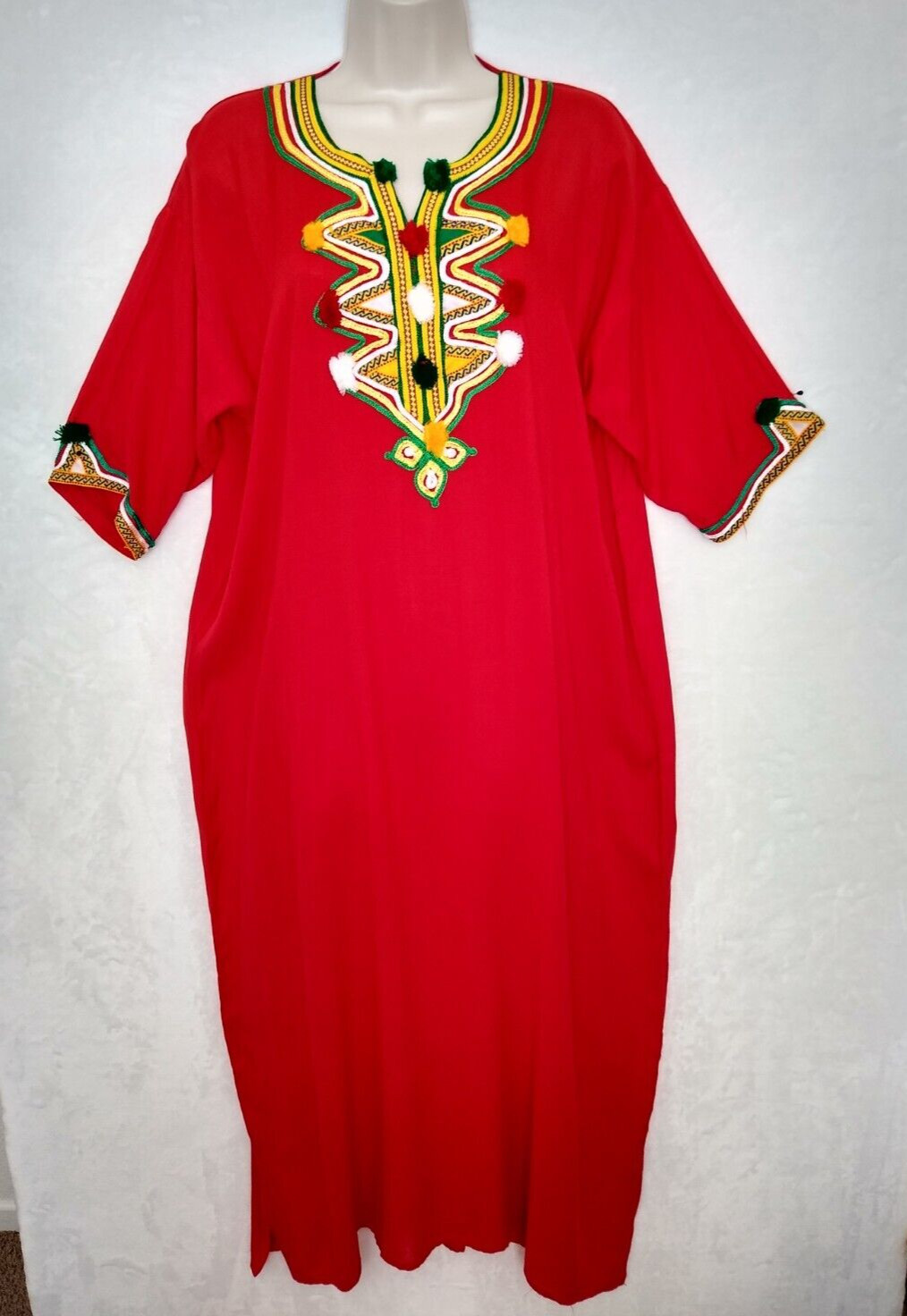 Moroccan Kaftan Gandoura Berber Clothes Handmade Dress Bohemian Red Ribbon Women