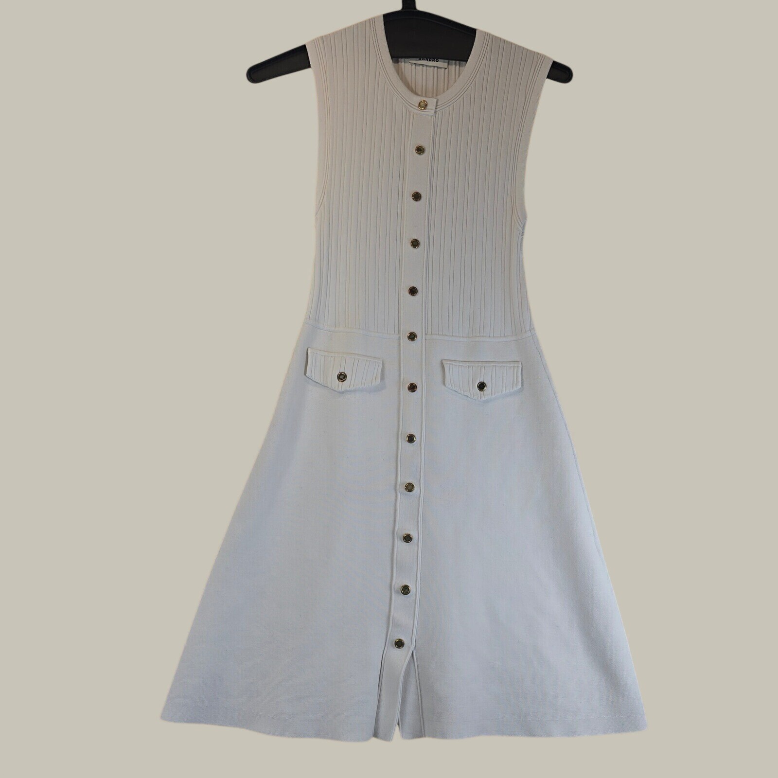 Sandro Ribbed Knit Sleeveless Mini Dress White Gold Twee Women XS 2 34 *Flaws