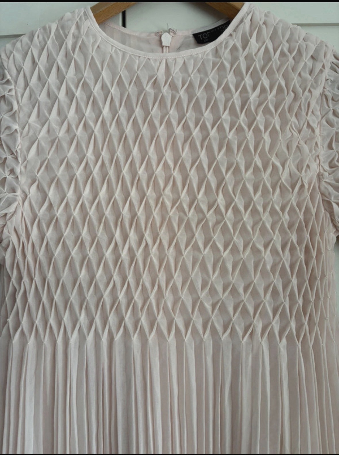 Topshop Textured Smocked Plisse Pleated Bell Sleeve Mini Dress Peach Pink S 10