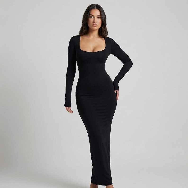 Size XS – Women’s Square Neck Long Sleeve Bodycon Maxi Dress Casual Black US