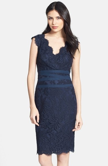 TADASHI SHOJI Navy Scalloped Eyelash Lace V-Neck Ribbon Waist Sheath Dress 12