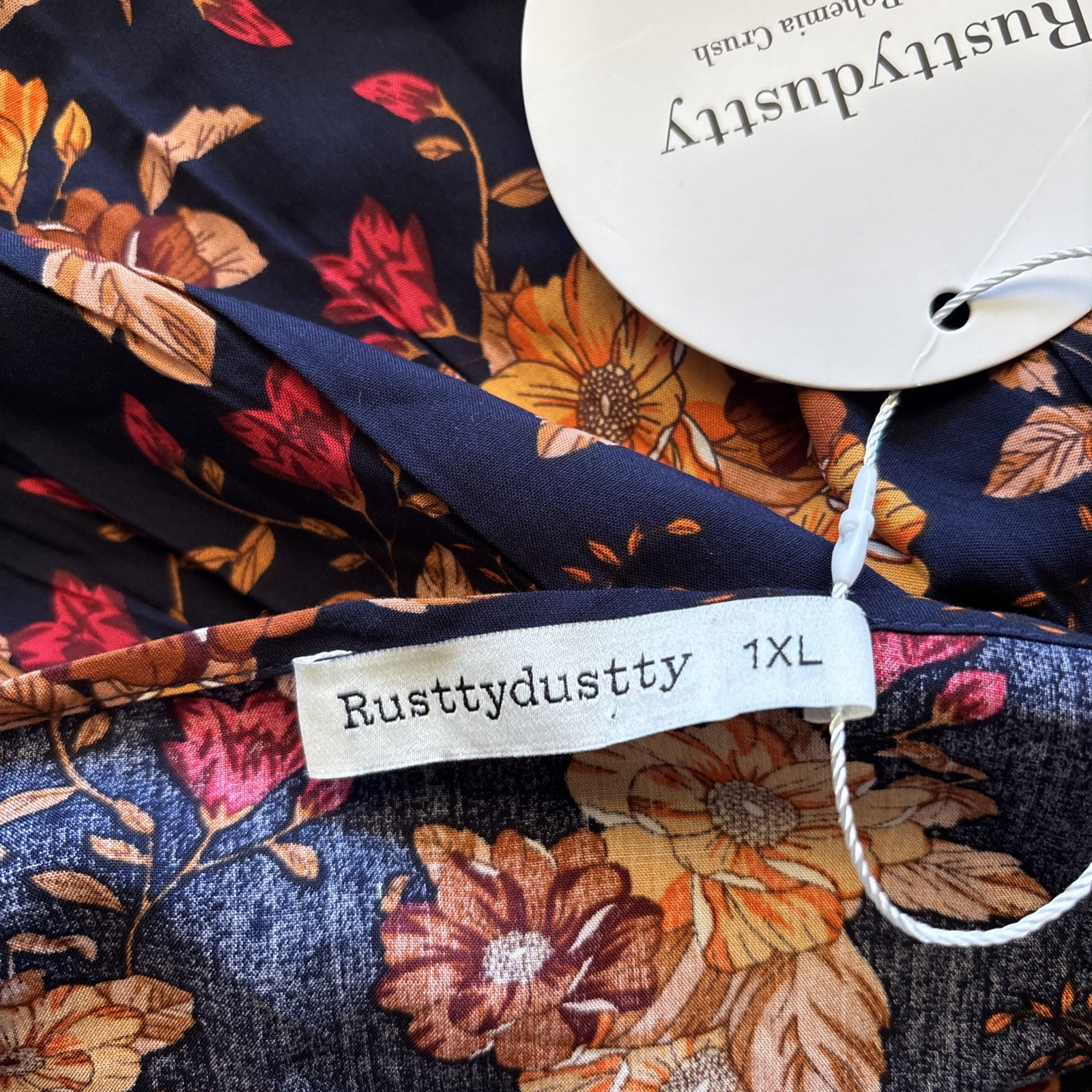 NWT Rusttydustty Dress Womens 1X Boho Long Sleeve Navy Floral V Neck Botique