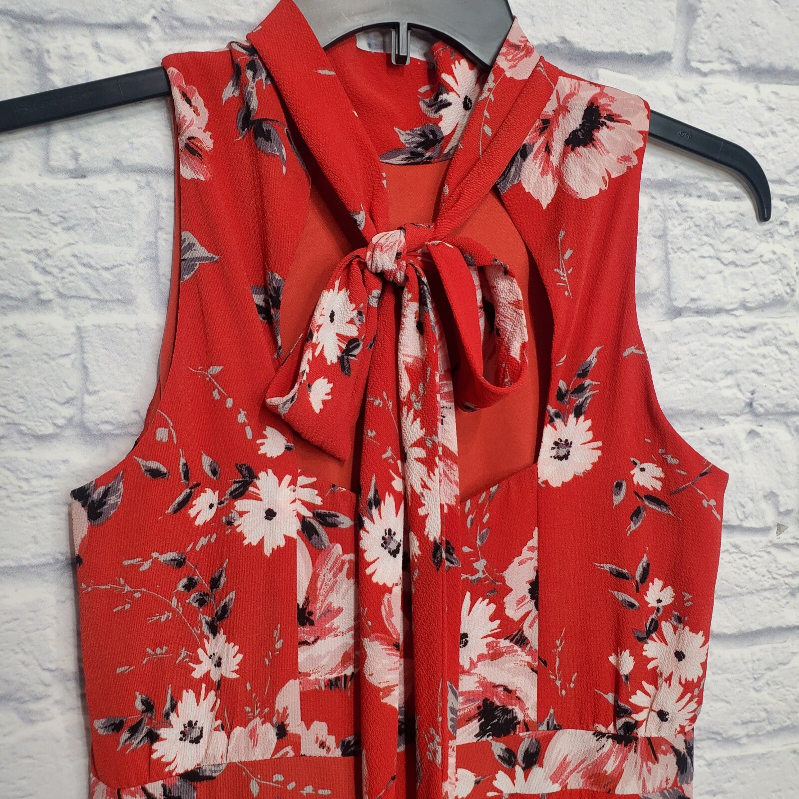 Elle Dress Womens Small Red Floral High Neck Ruffle Sleeveless Back Tie Summer