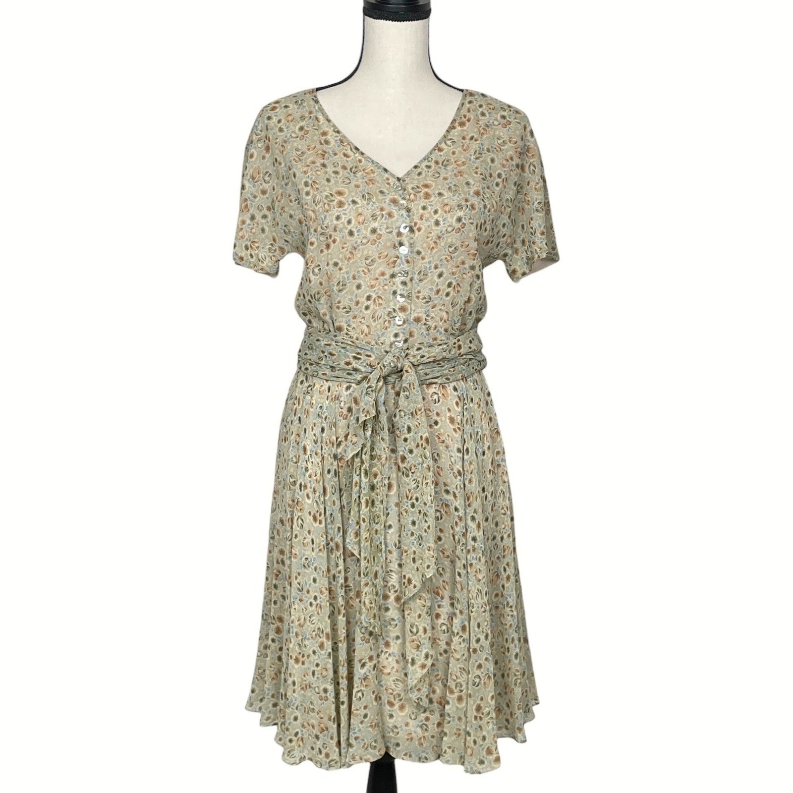 Vintage Dana Buchman 100% Silk Ditsy Floral Tie Waist Dress 8 Cottagecore Earthy