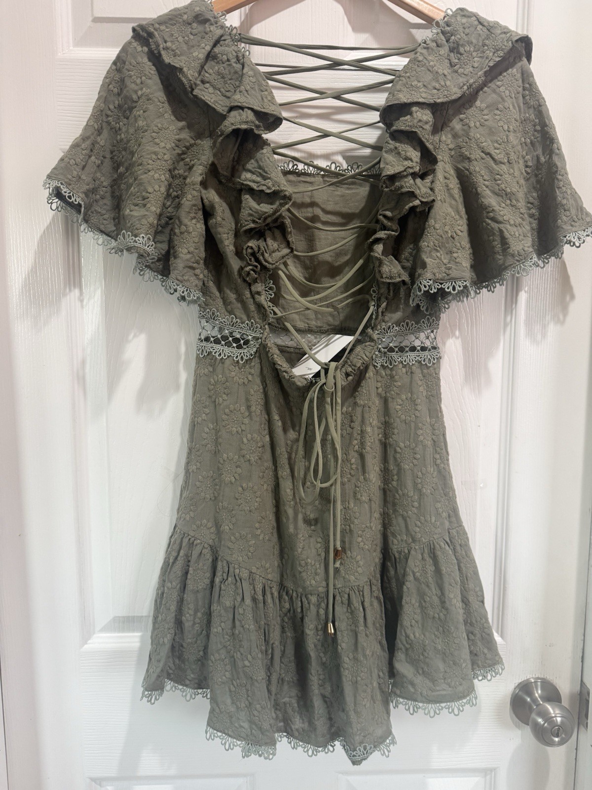 Saints + Secrets Green Ruffle Lace Mini Dress Open Back Tie Square Neck Size S