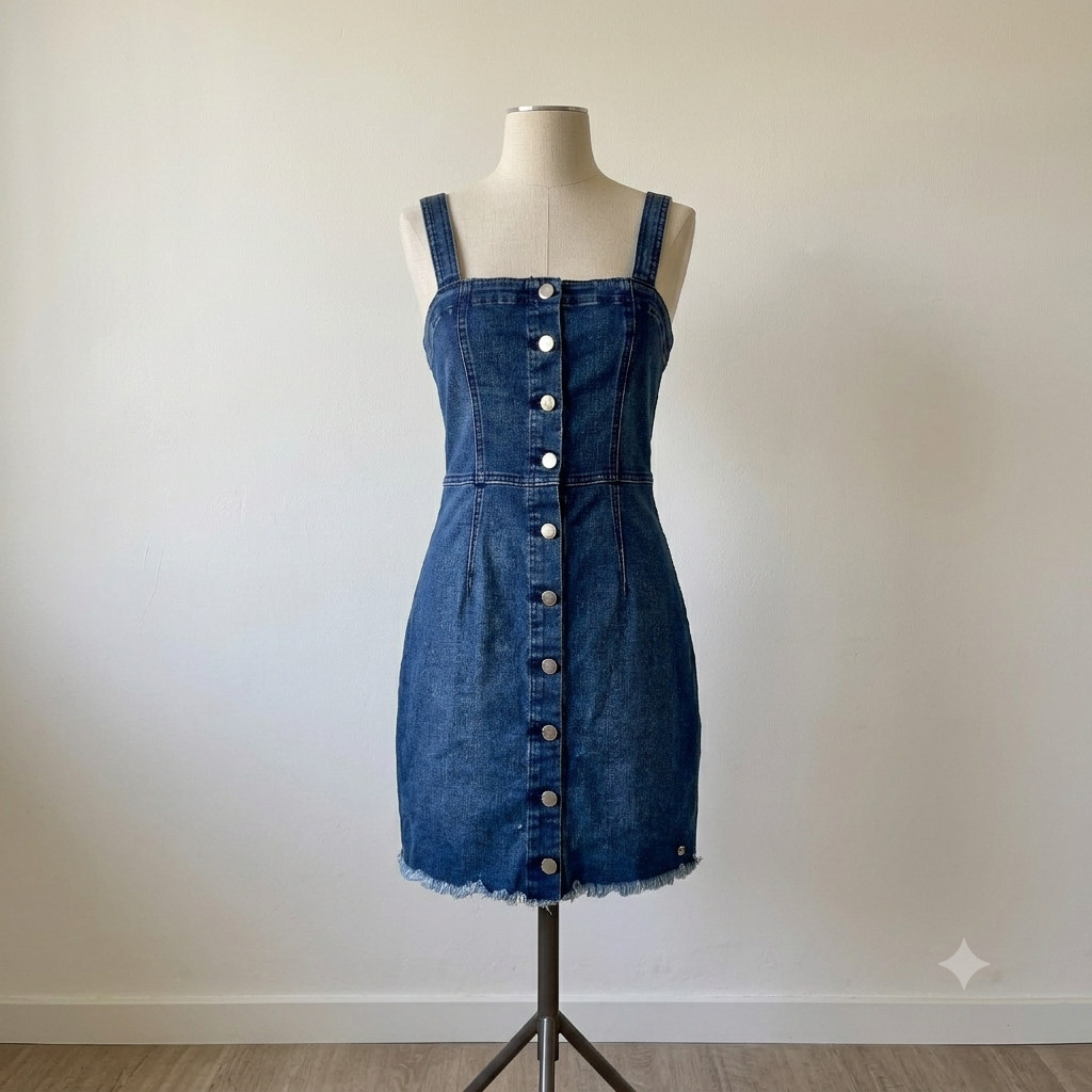 Volcom Denim Mini Dress Blue Button Front Raw Hem Sleeveless Medium Wash Size S