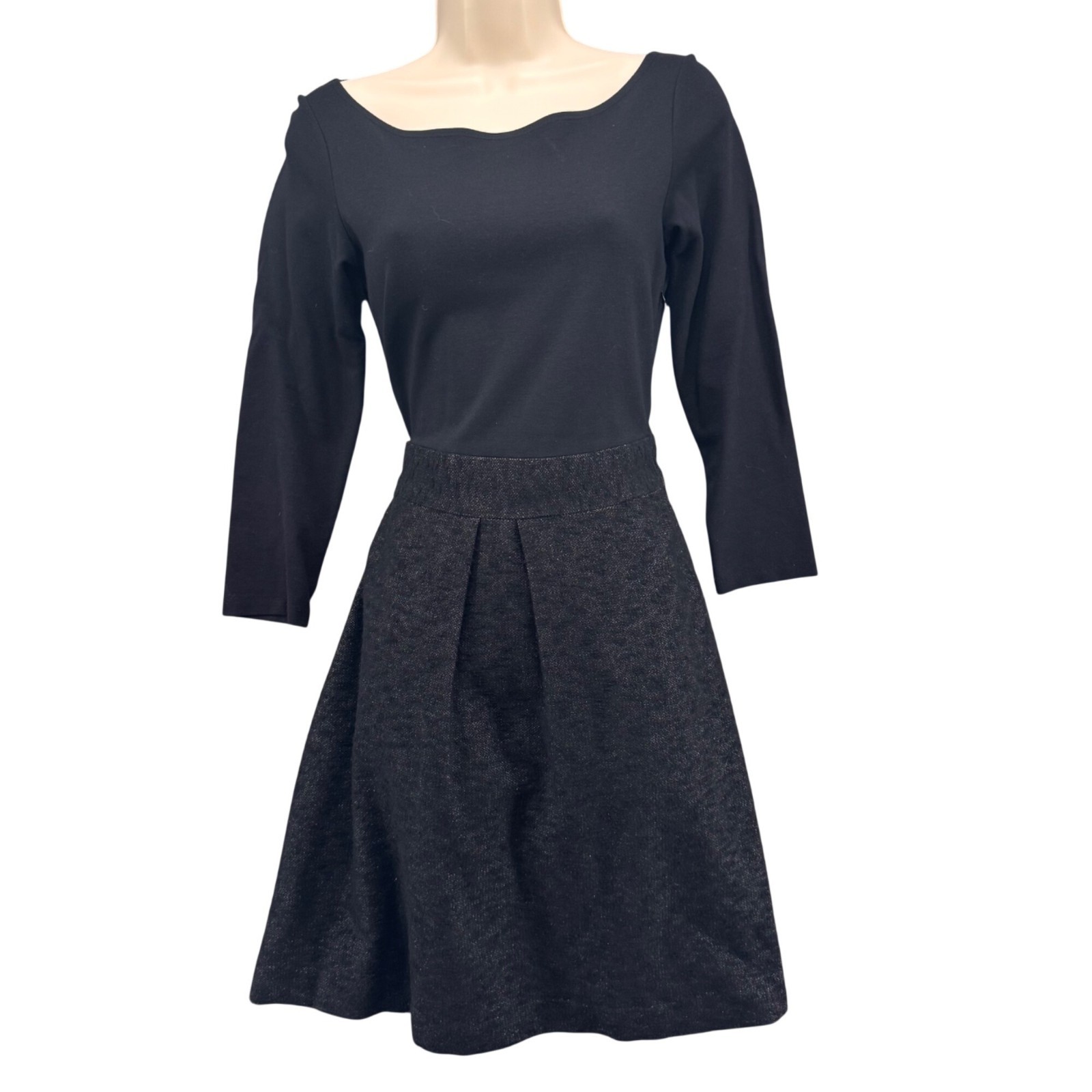 Theory Wool Blend Fit Flare Dress Black Metallic Long Sleeve Boat Neck Size 4