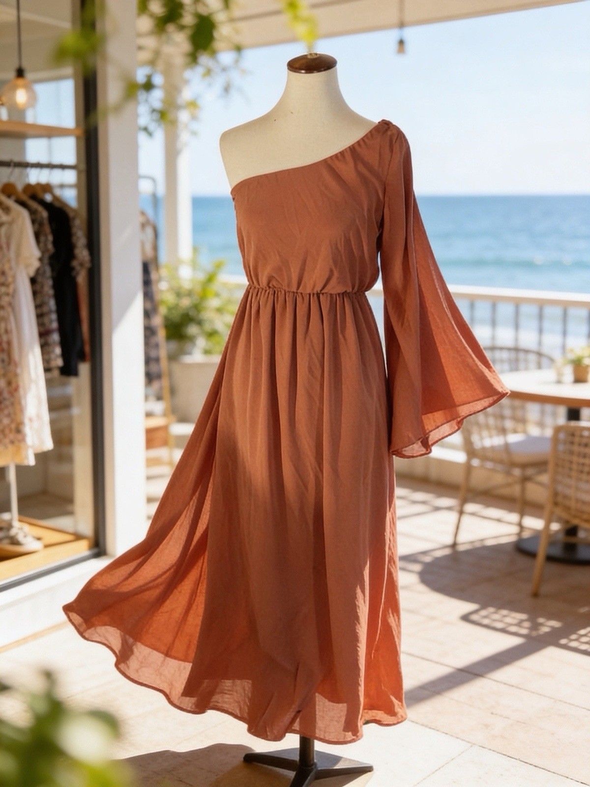 Alythea One Shoulder Dress Women’s Size Medium Brown Maxi Wedding Flowy Lined