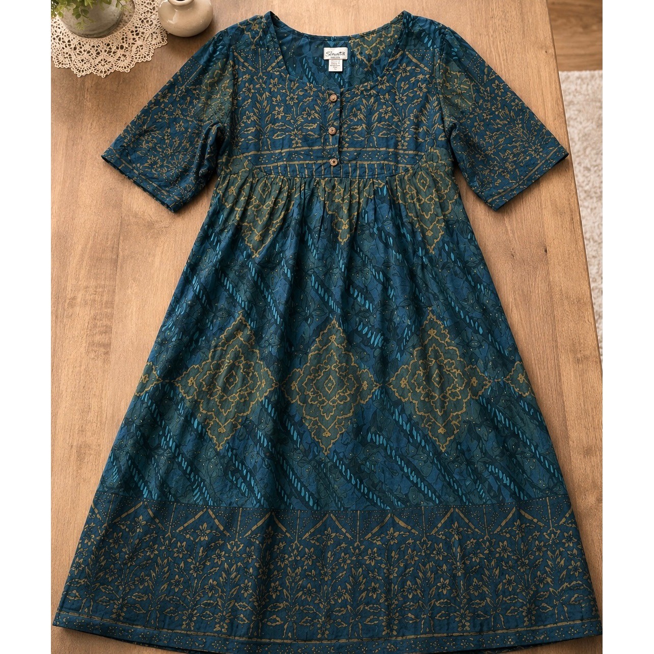 Sante Classics XL Blue Green Cotton Batik Print Empire Waist Midi Dress Pockets