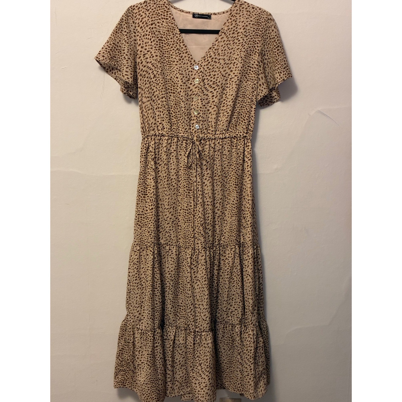 PrettyGarden Leopard Print Maxi Dress V-Neck Tiered Short Sleeve Tan Brown Small