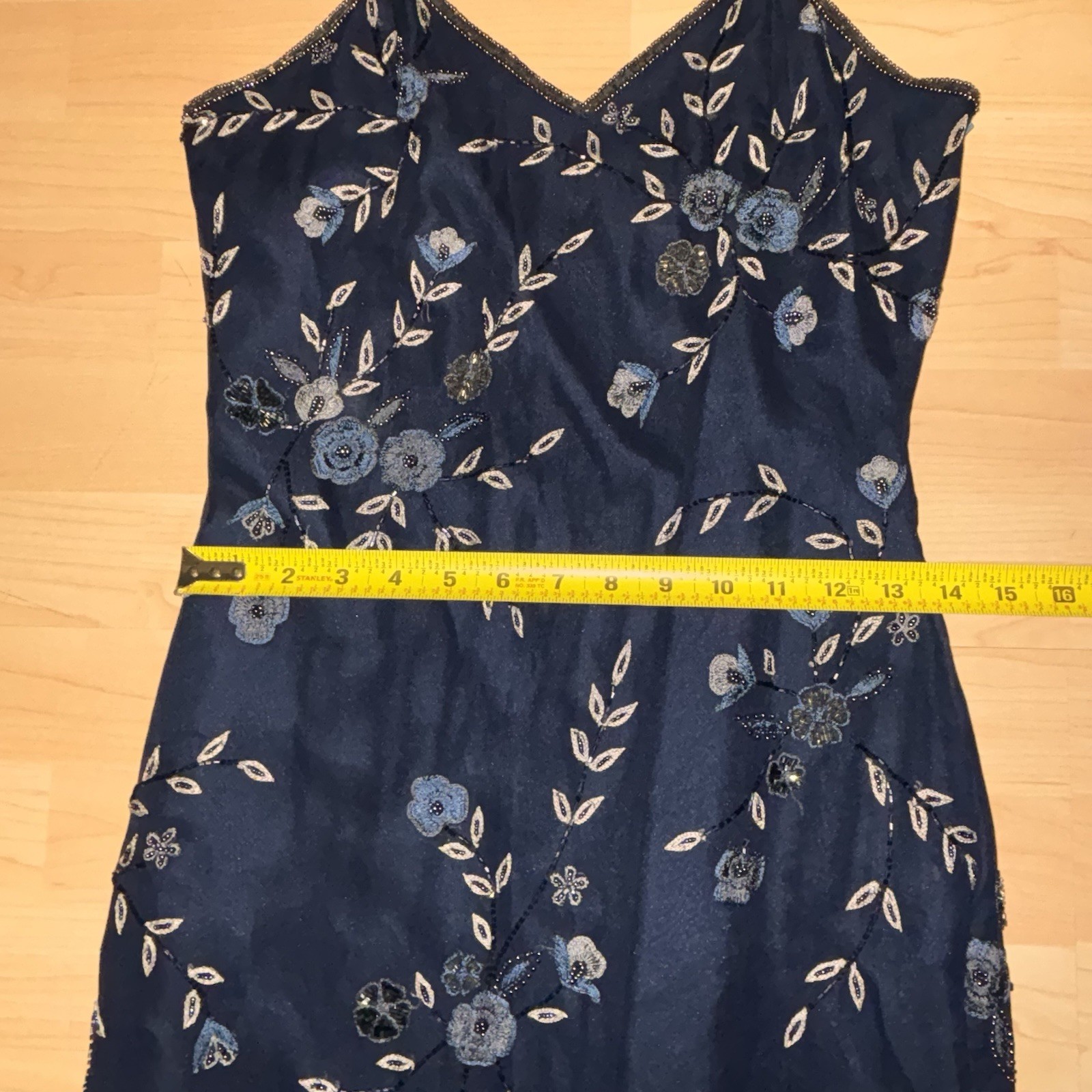 Rare Vintage SCALA Navy Size S Pure Silk Beaded Maxi Dress Gown Slit Elegant