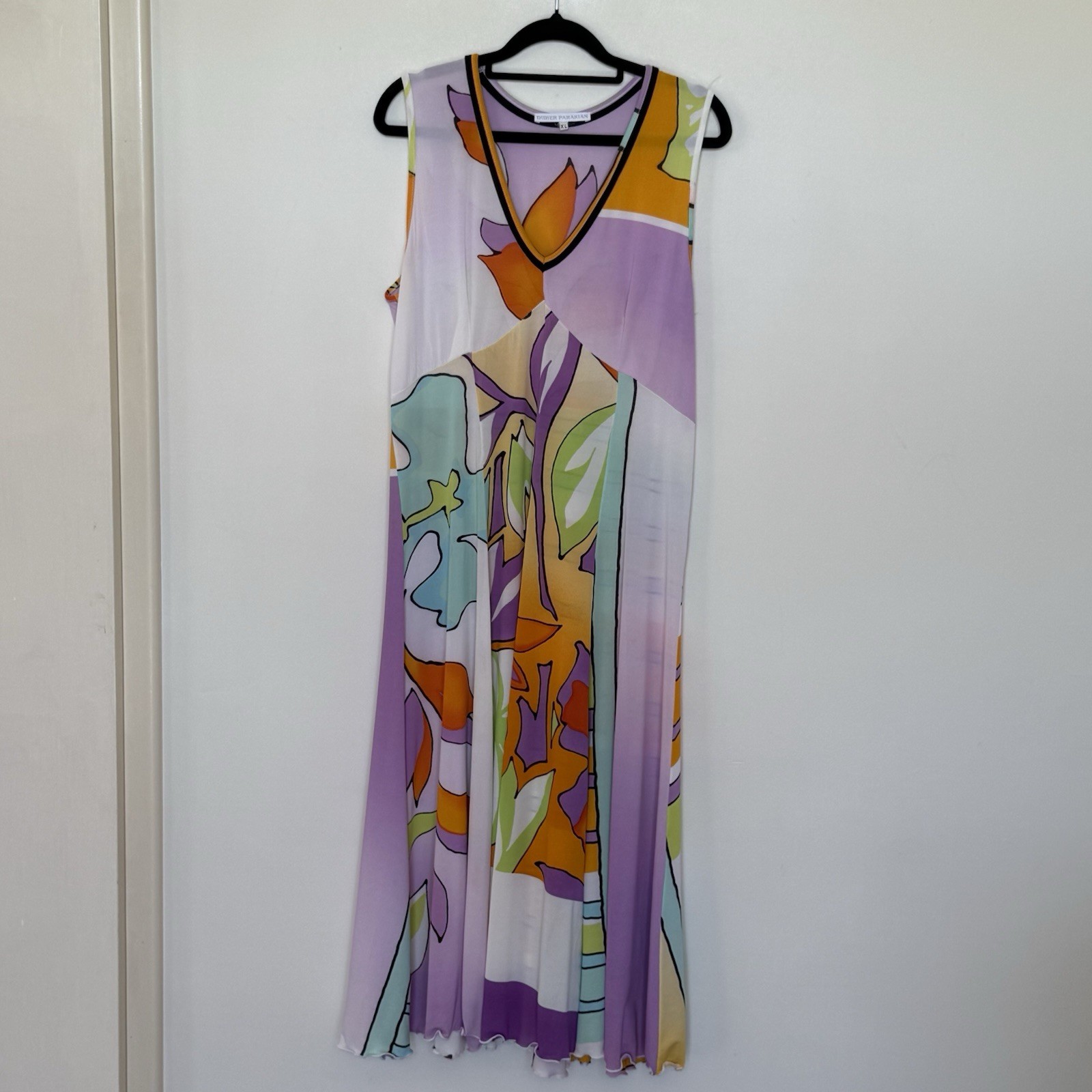 Vintage Didier Parakian Mesh Dress XL Abstract Print Stretch Italy Designer Y2K