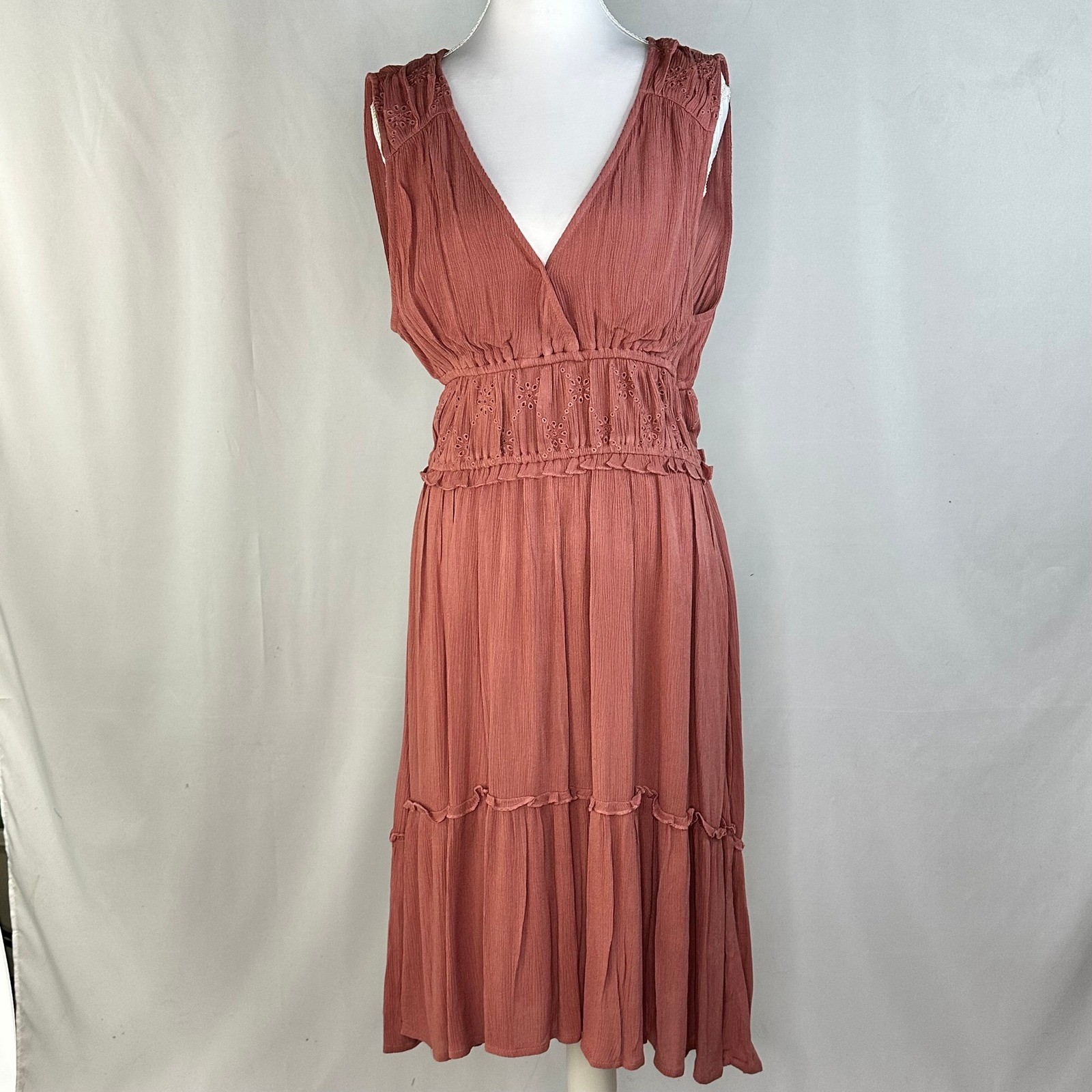 LOVESTITCH Women Large Dress Rose Pink Grecian Eyelet Boho Midi Mediterranean