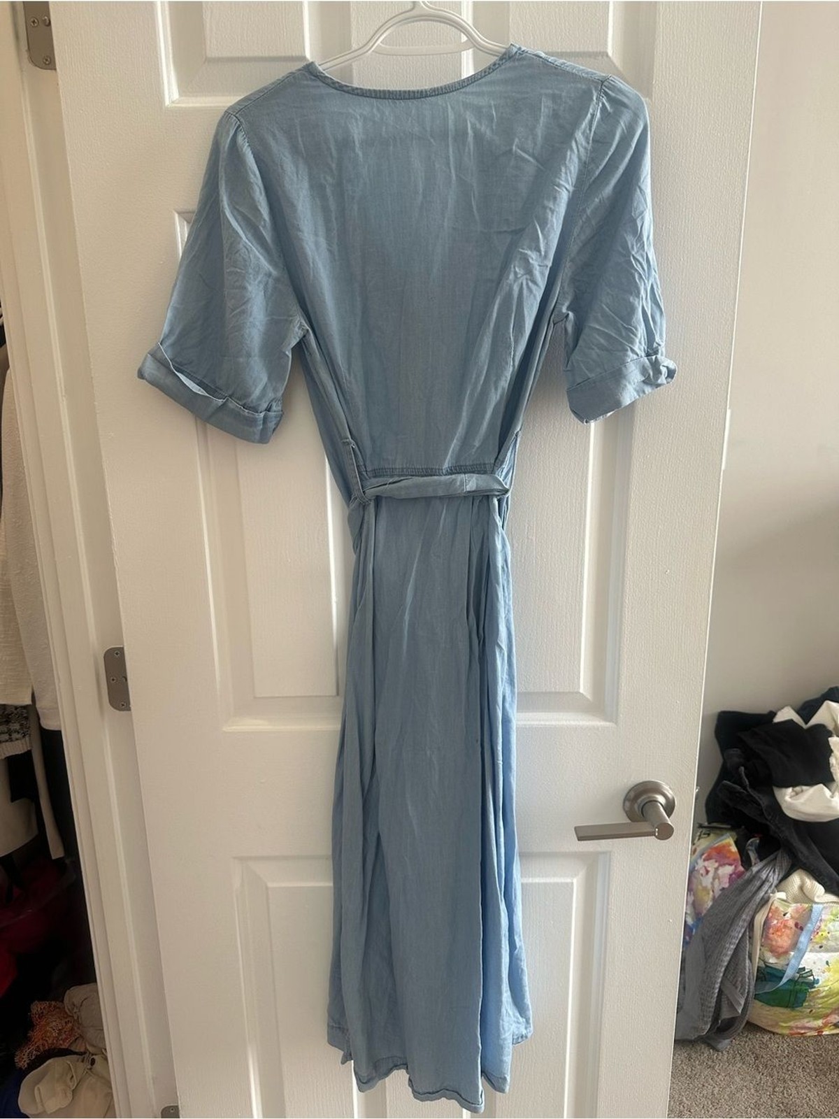 Light Blue Button-Front Midi Dress with Waist Tie