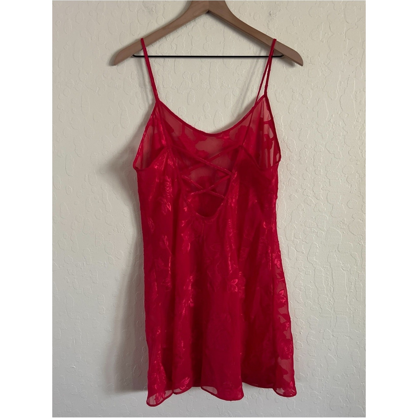 Vintage Y2K Secret Treasures Sheer Floral Mini Slip Dress Large Red Chemise 90s