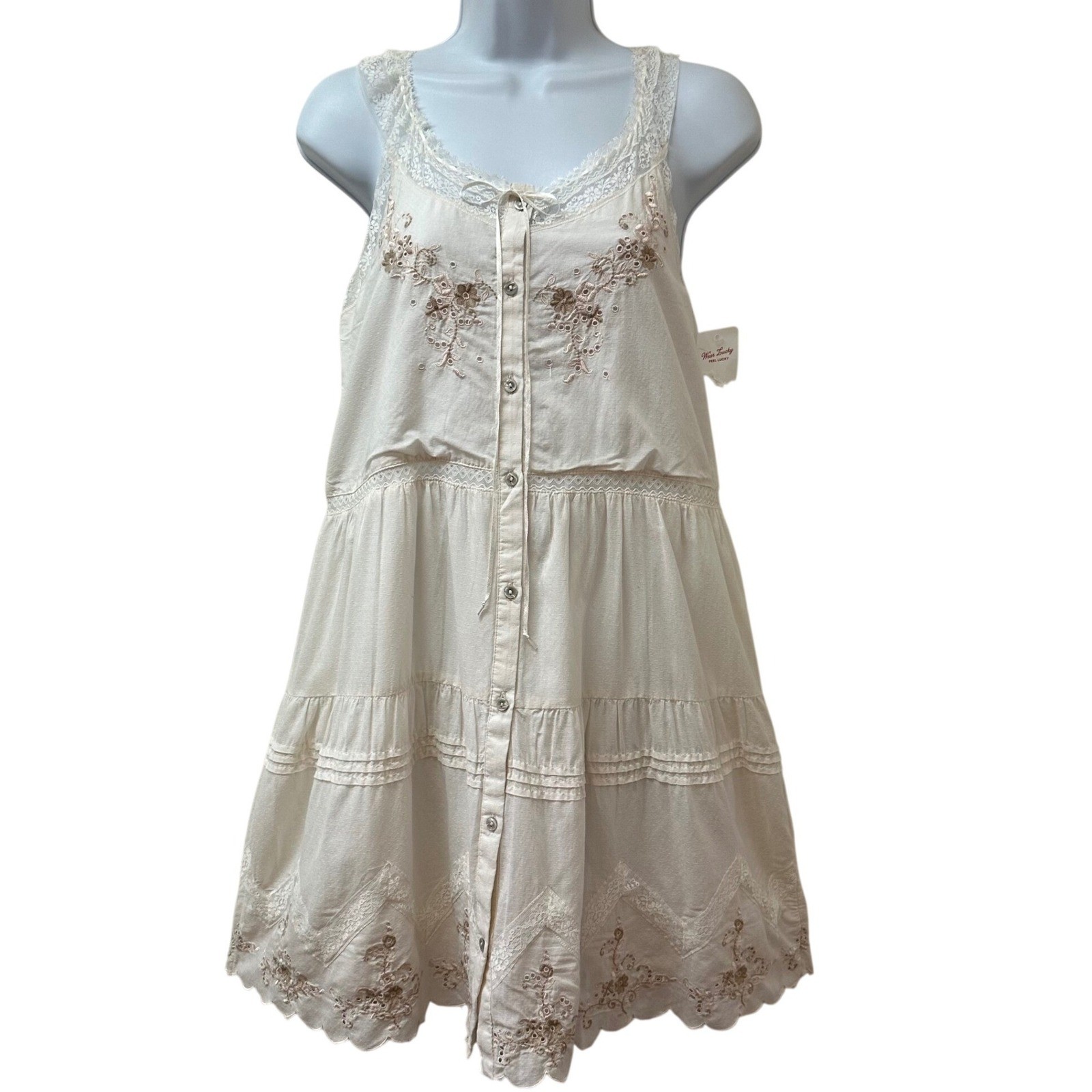 Lucky Brand White Embroidered Boho Mini Dress Sleeveless Button Front XS NEW
